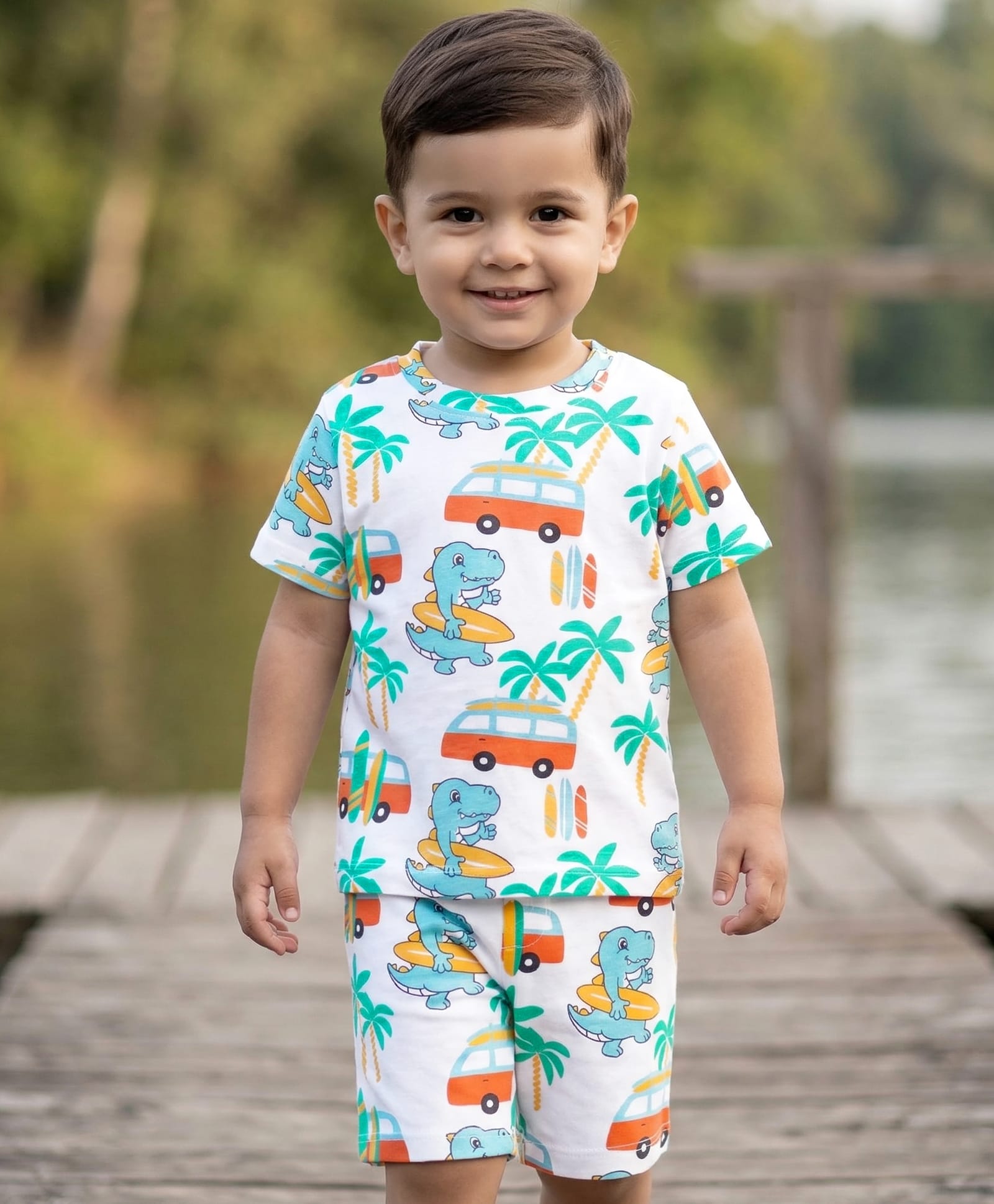 Babyhug 100% Cotton Knit Beach Theme & Dino Printed Co-Ord T-Shirt & Shorts Set - Multicolour-image-13