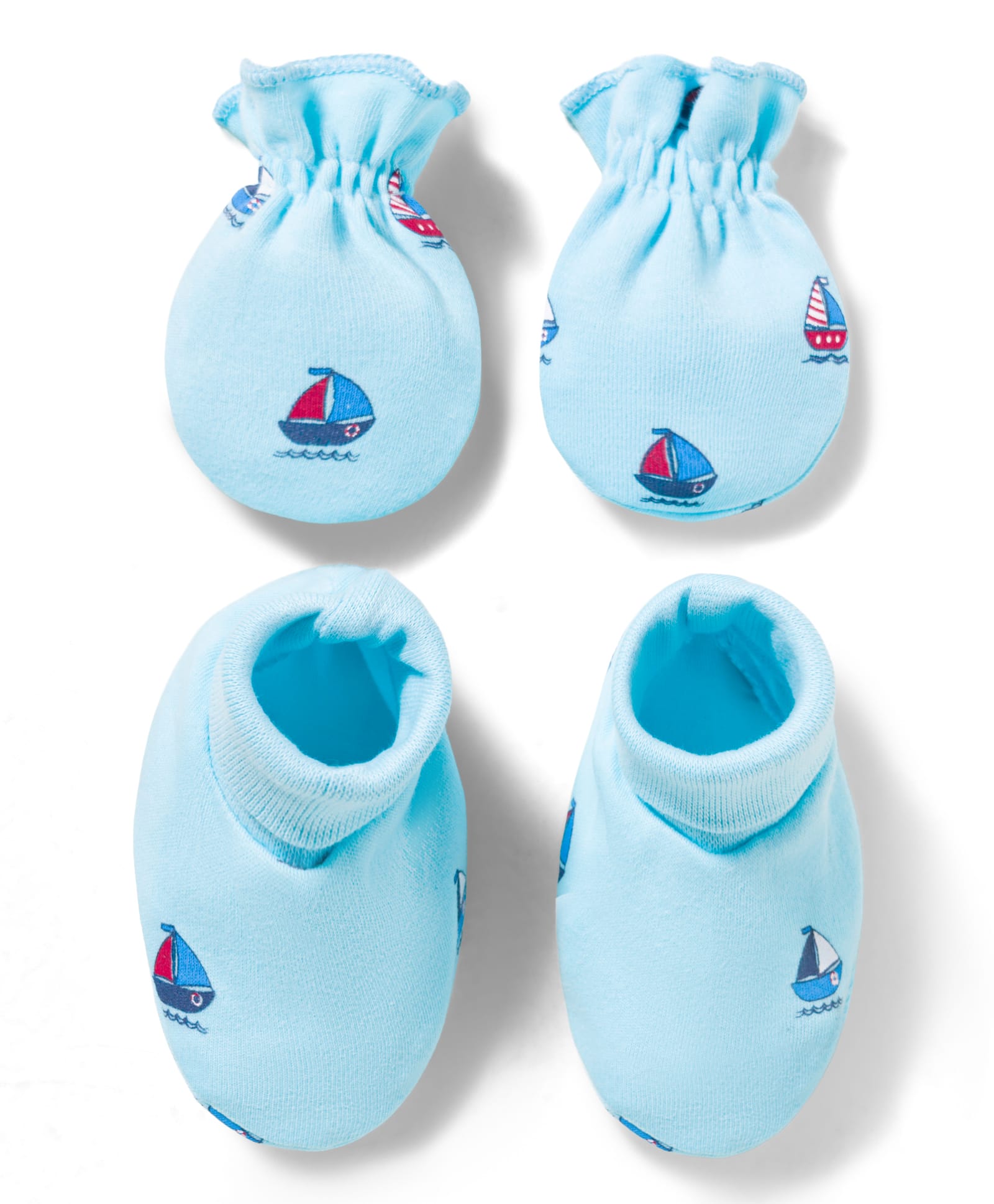 Babyhug 100% Cotton Interlock Knit Mittens & Booties With Boat Print - Blue-picture-10