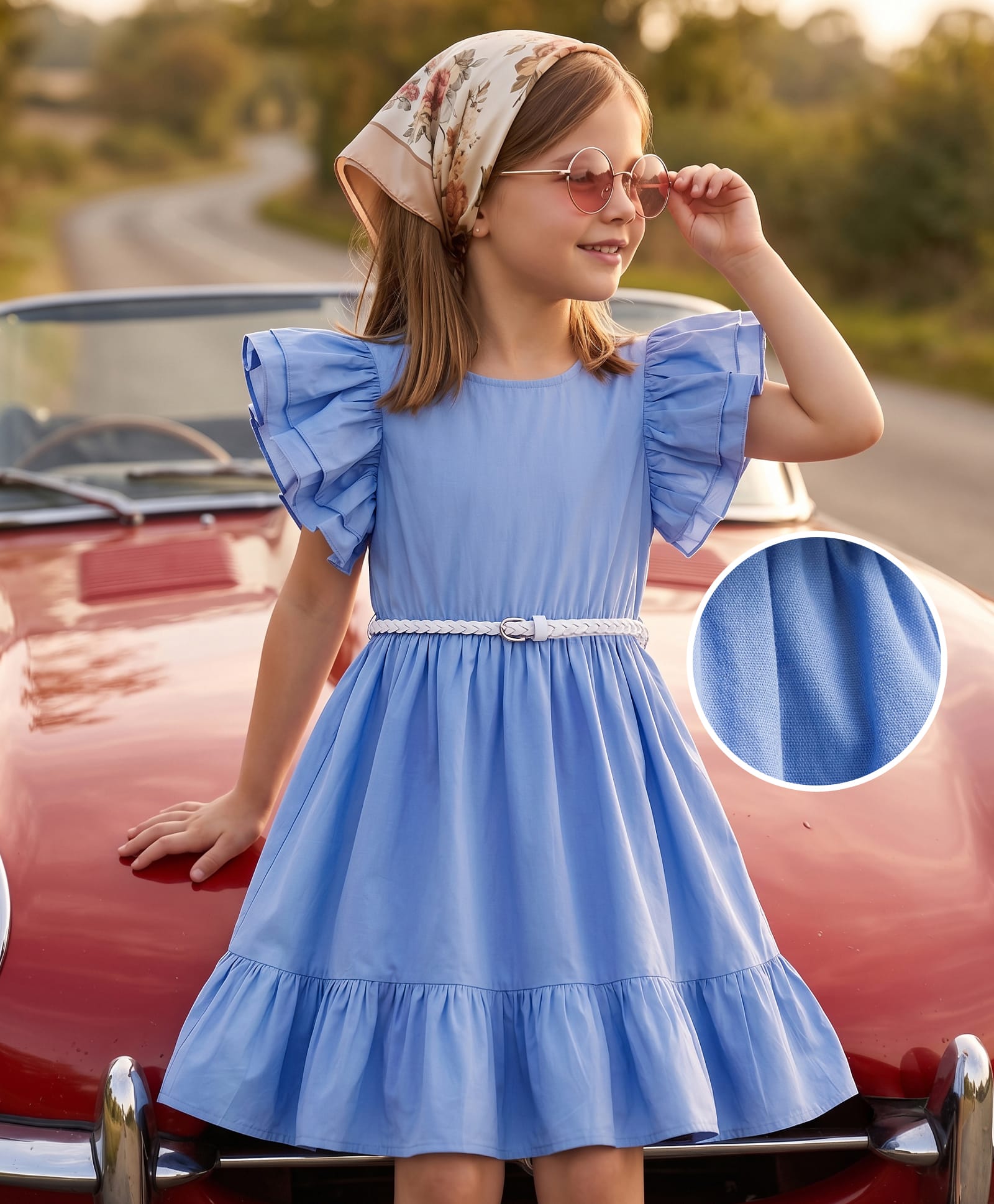 Hola Bonita 100% Cotton Woven Half Flutter Sleeves Solid Frock With Belt - Light Blue-image-49