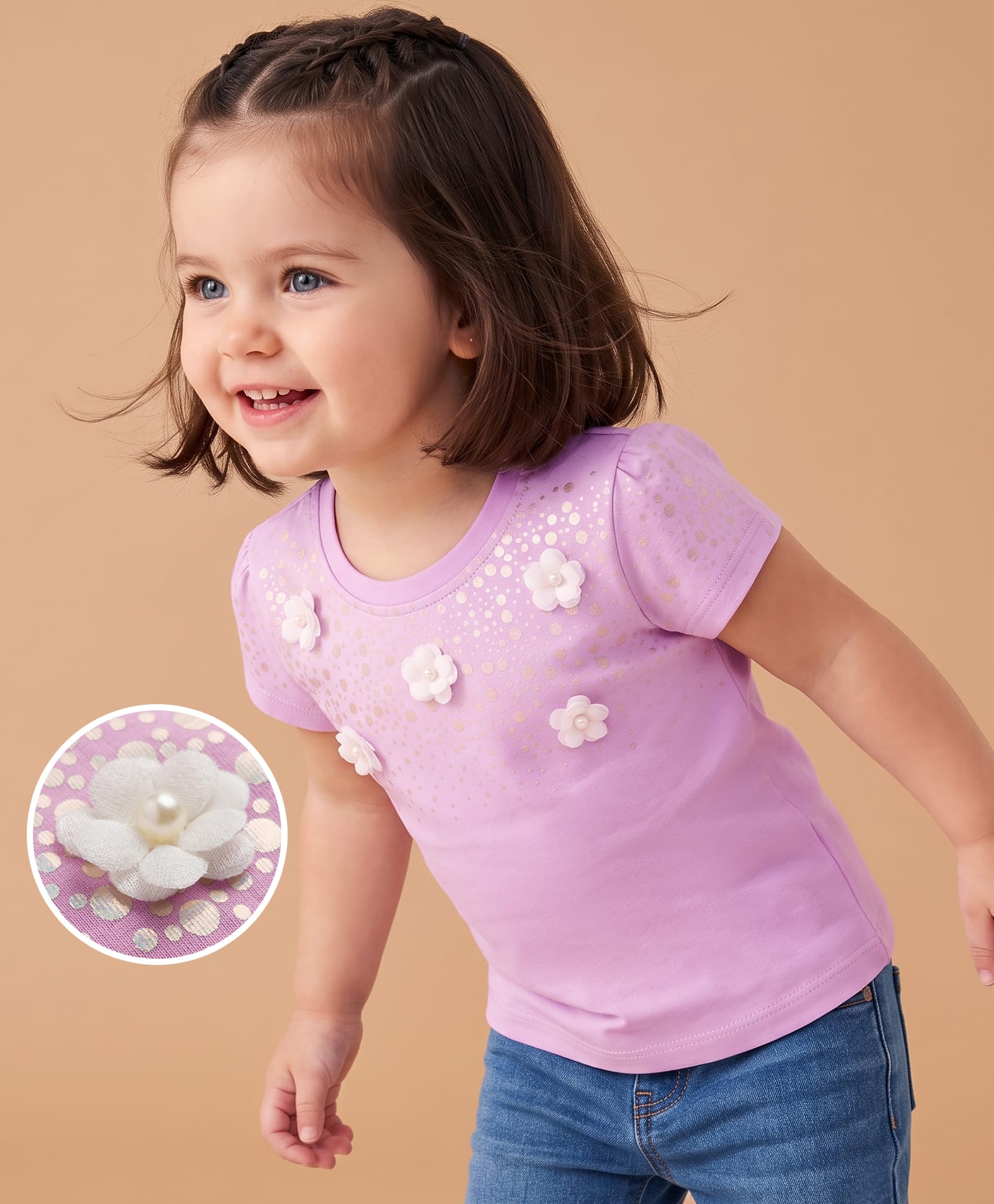 Babyoye Single Jersey Knit Half Sleeves T-Shirt with Floral Applique - Lavender-picture-16