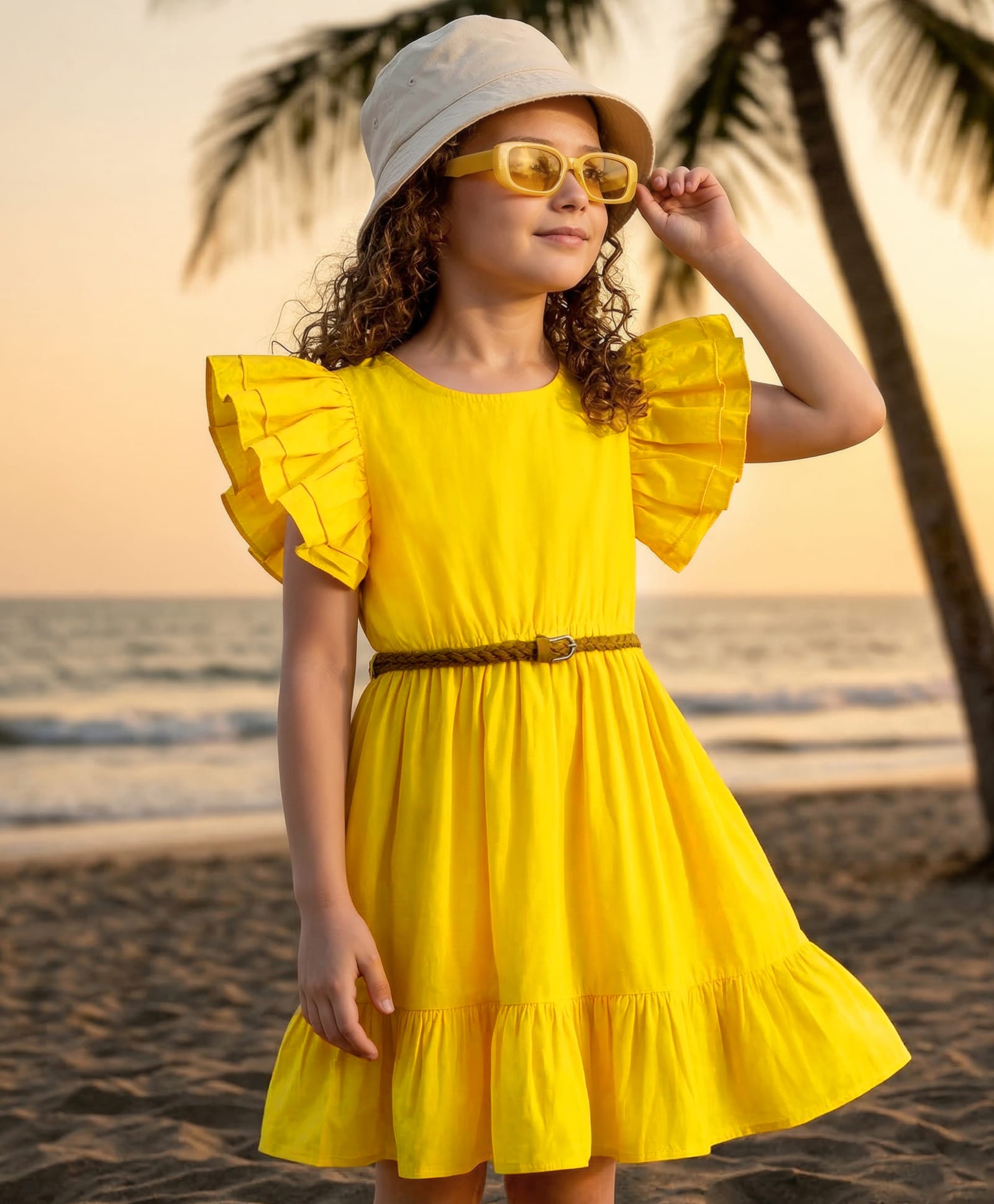 Hola Bonita Cotton Woven Flutter Sleeves Solid Colour Tiered Dress with Belt - Yellow-image-21