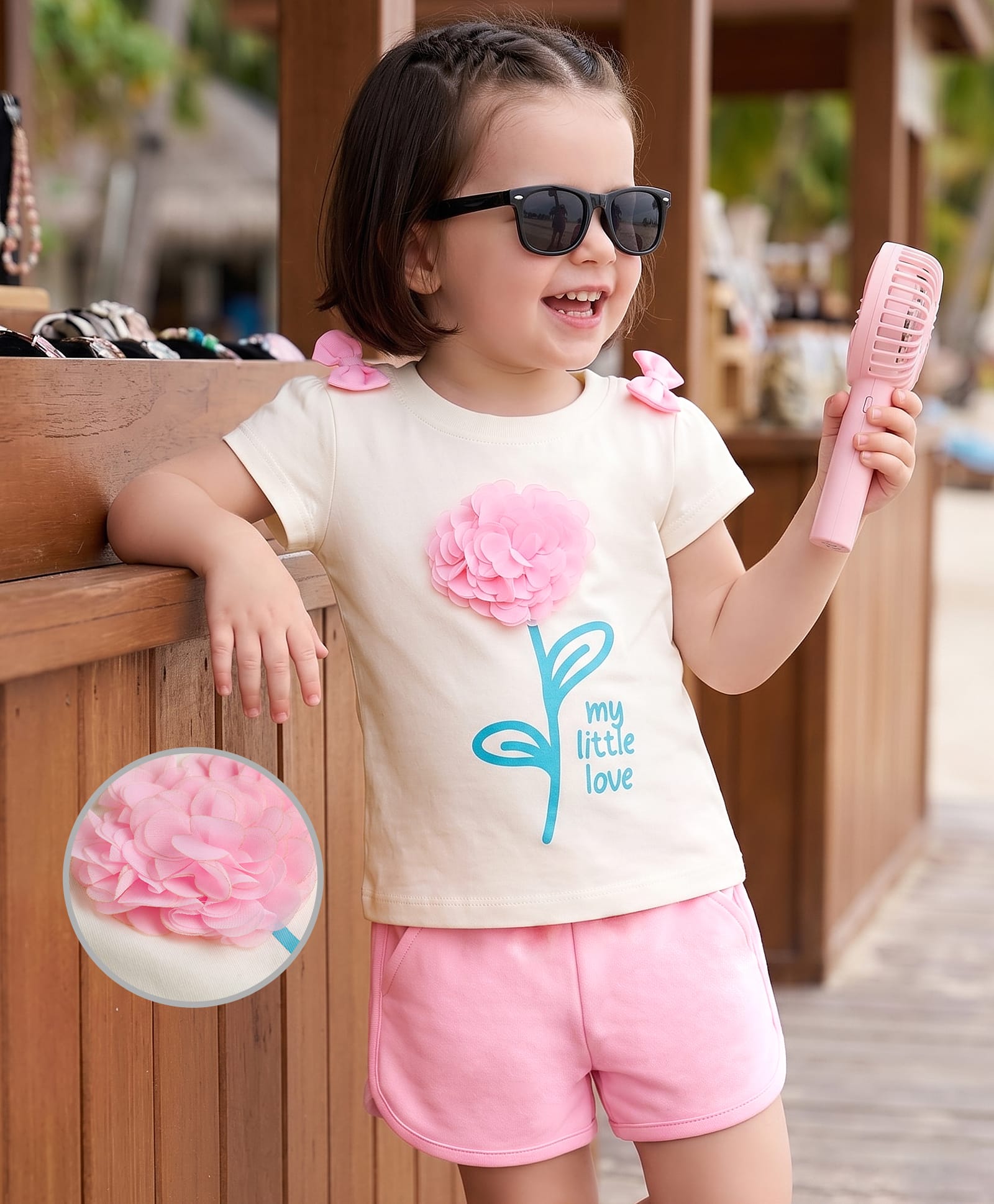 Babyoye Cotton Single Jersey Knit Placement Embroidery Half Sleeves T-Shirt & Shorts Set with Bow Detailing - Pink-image-49
