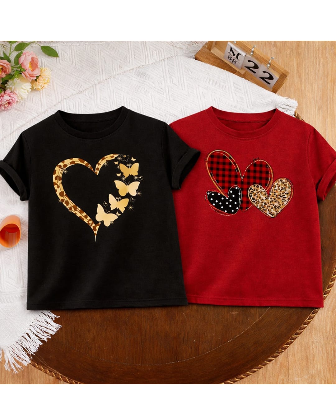 Luke and Lilly Cotton Blend Knit Pack Of 2 Half Sleeves Heart Printed Tees - Red & Black-picture-13