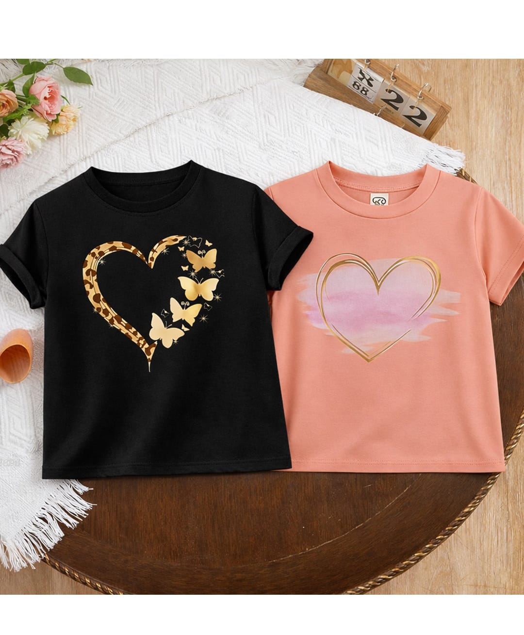 Luke and Lilly Cotton Blend Knit Pack Of 2 Half Sleeves Heart Printed Tees - Black & Coral