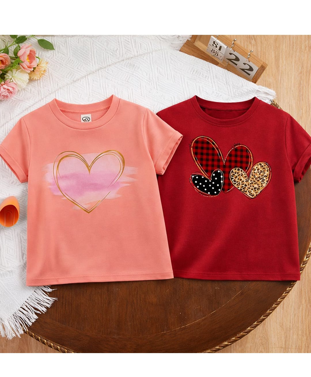 Luke and Lilly Cotton Blend Knit Pack Of 2 Half Sleeves Heart Printed Tees - Coral & Red-image-8