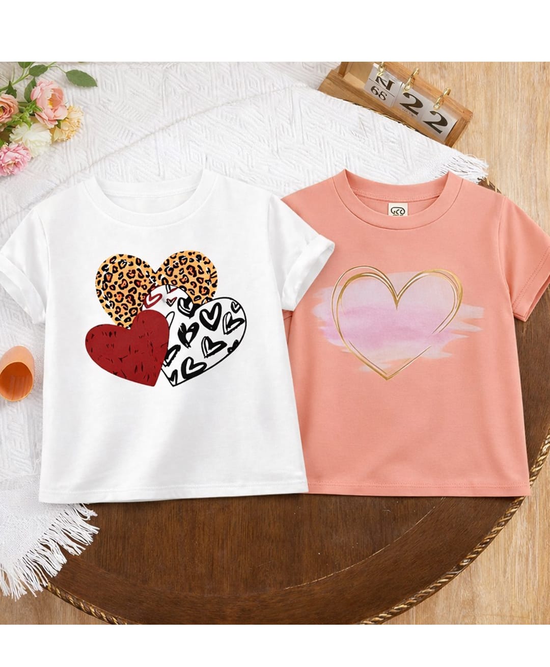 Luke and Lilly Cotton Blend Knit Pack Of 2 Half Sleeves Heart Printed Tees - White & Coral-picture-17