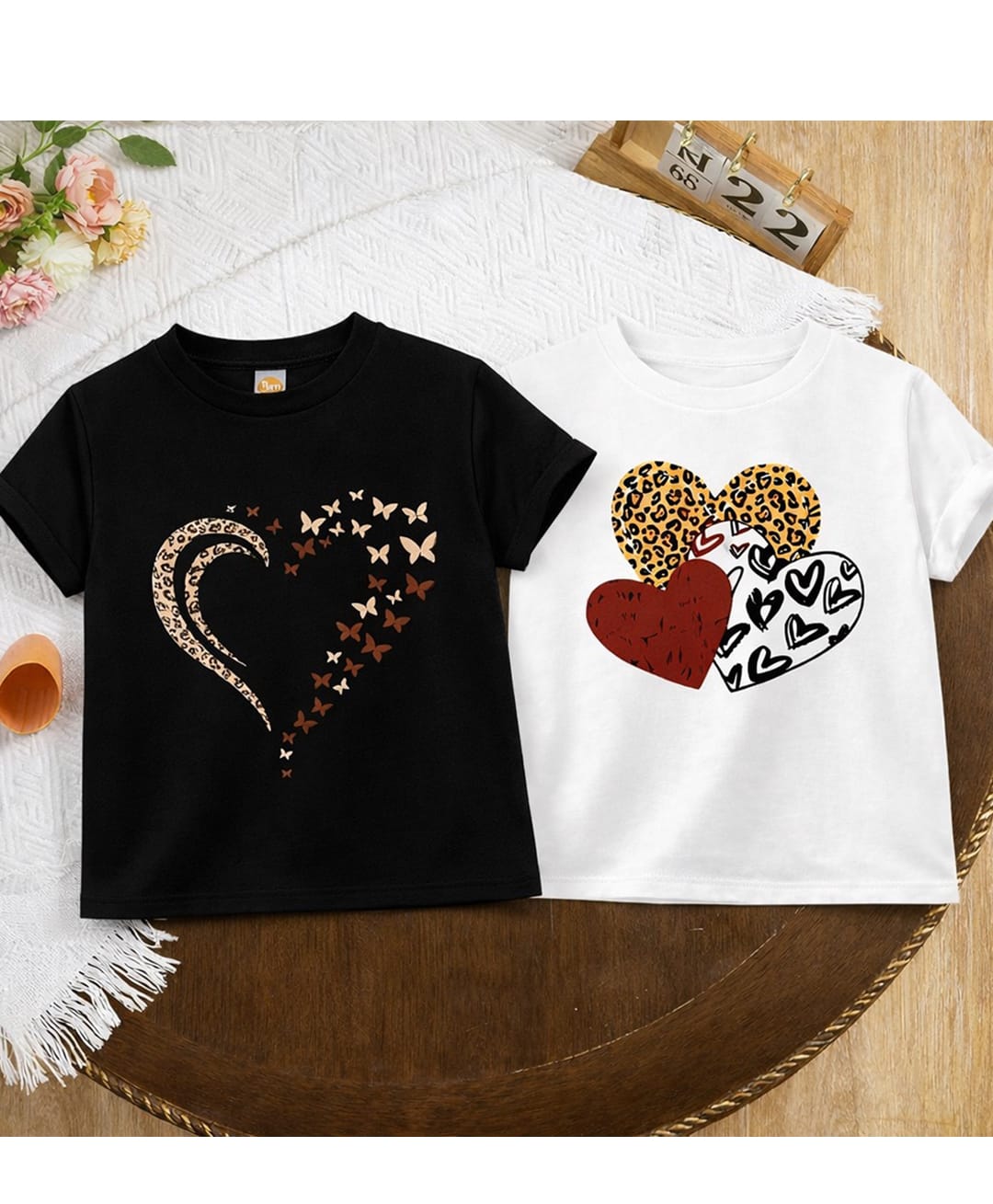 Luke and Lilly Cotton Blend Knit Pack Of 2 Half Sleeves Heart Printed Tees - Black & White-picture-14