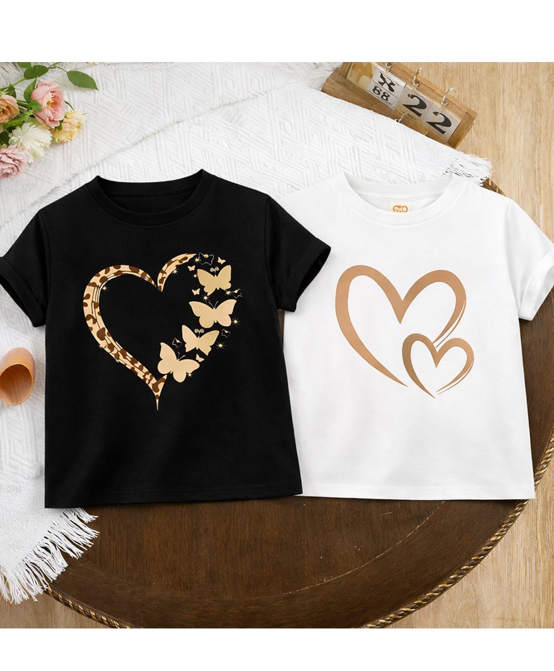 Luke and Lilly Cotton Blend Knit Pack Of 2 Half Sleeves Heart Printed Tees - Black & White