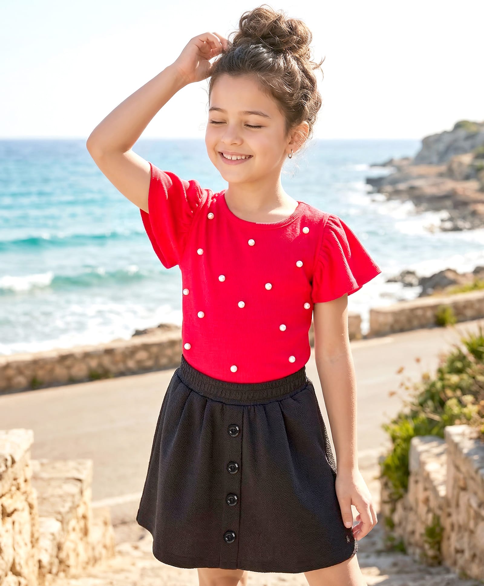 Ollington St. Knit Half Flutter Sleeve Pearl Embellished Top & Waffle Skirts Set - Red & Black-picture-10