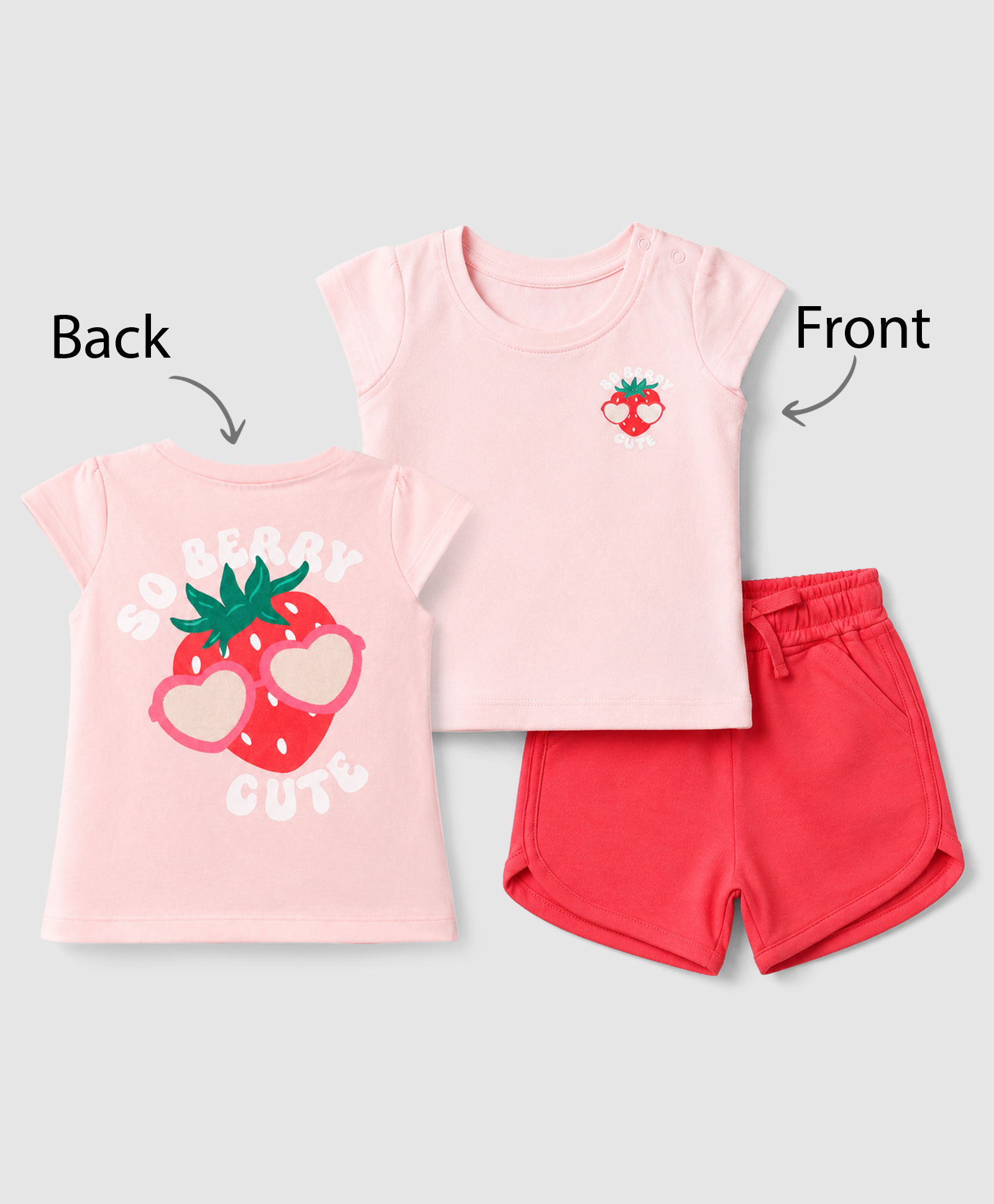 Babyoye Cotton Knit Half Cap Sleeves T-Shirt & Shorts Set with Text & Strawberry Embroidery - Red-picture-26