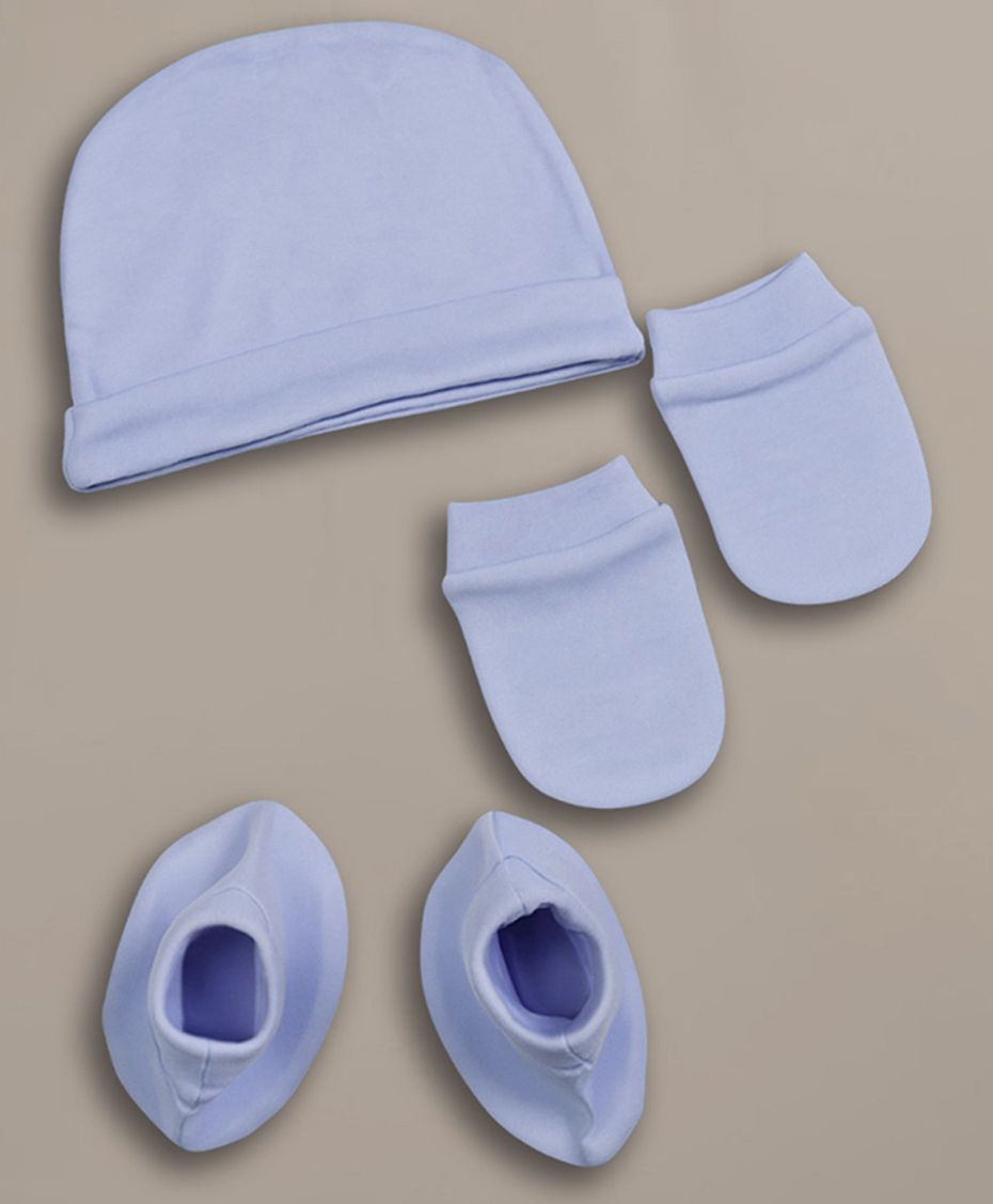 prekies cotton knit solid cap mittens & booties - blue