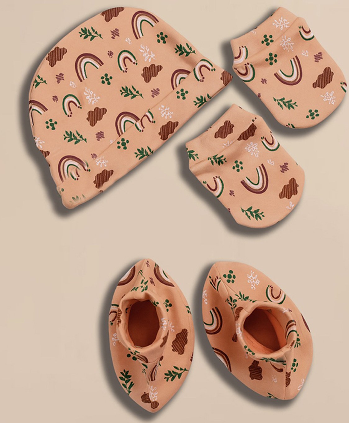 prekies cotton knit rainbow printed cap mittens & booties - peach