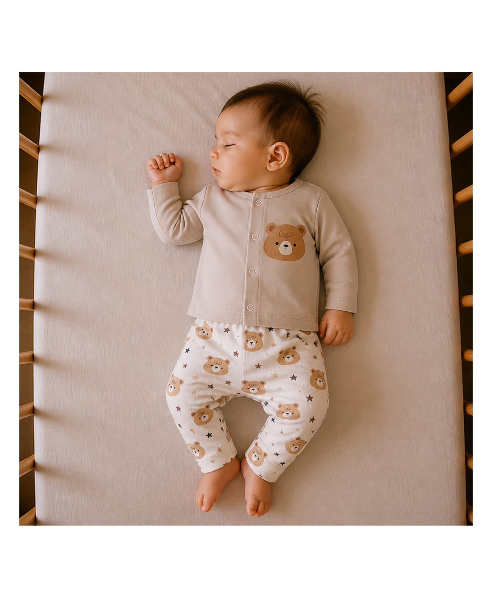 PREKIES Cotton Knit Full Sleeves Teddy Bear Printed Tee & Pant Set - Beige-image-23