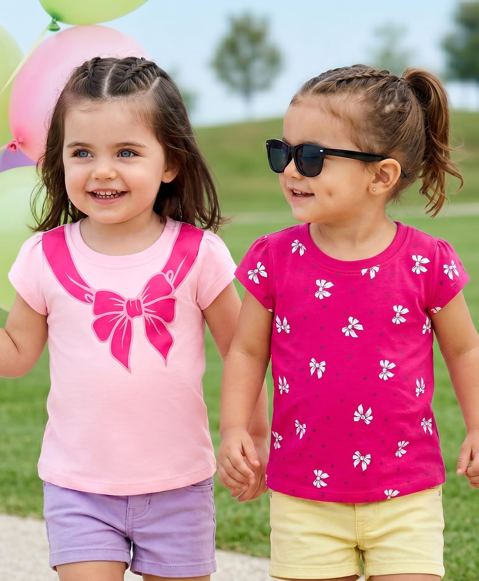 Babyoye Single Jersey Knit Half Sleeves Bow Printed T-Shirt Pack of 2- Pink & Red-image-3