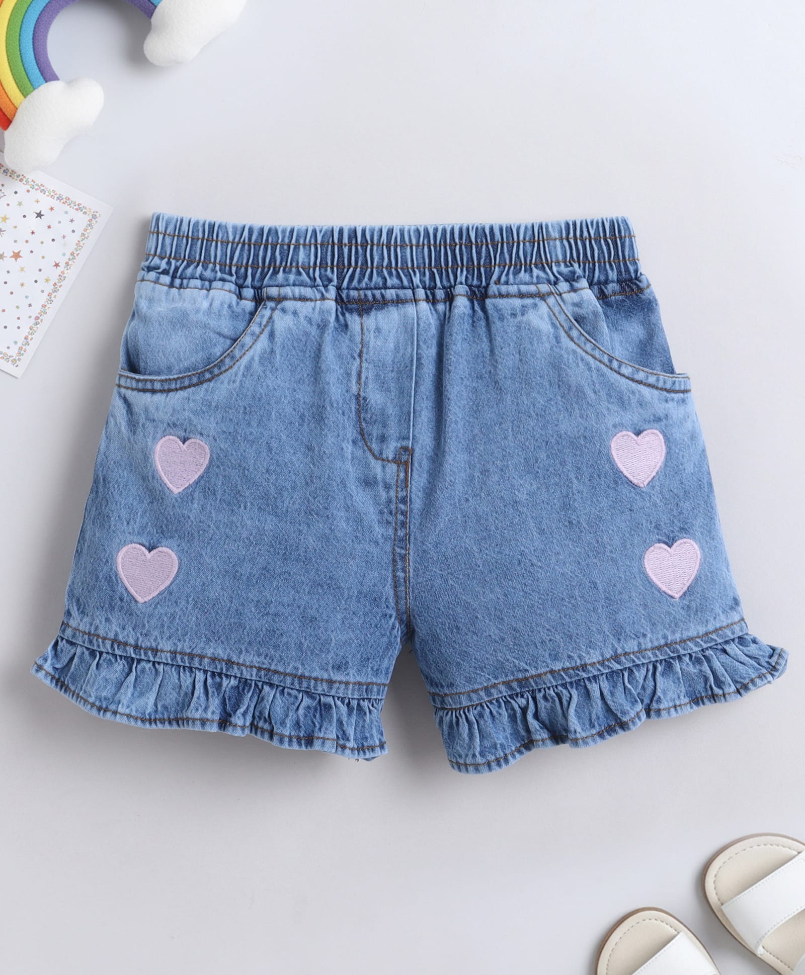Bright Stars KIDSWEAR Denim Heart Embroidered Frill Detailed Shorts - Blue-picture-22