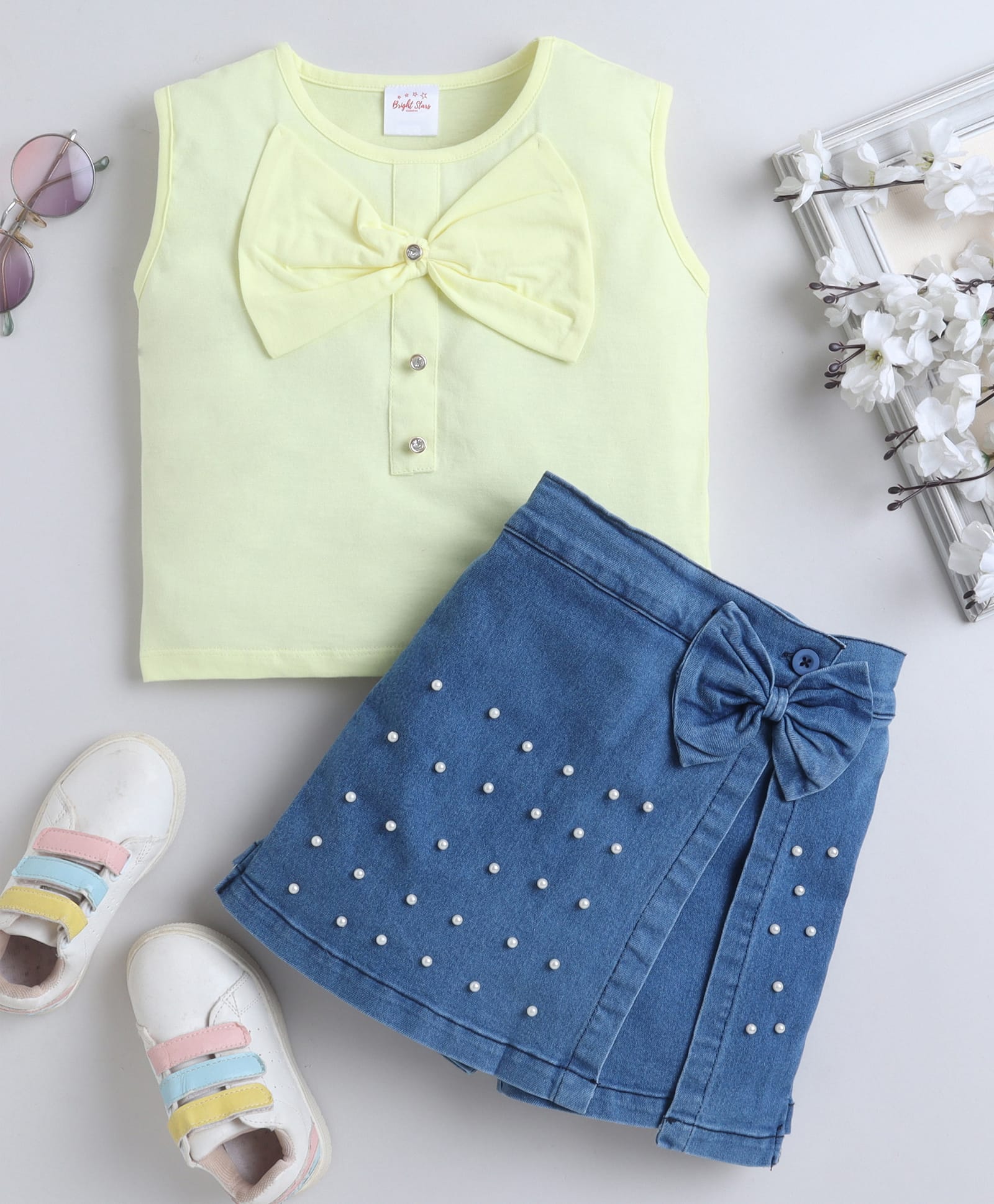 Bright Stars KIDSWEAR Single Jersey Knit Sleeveless Bow Applique Detailed Top & Skorts Set - Yellow-image-22