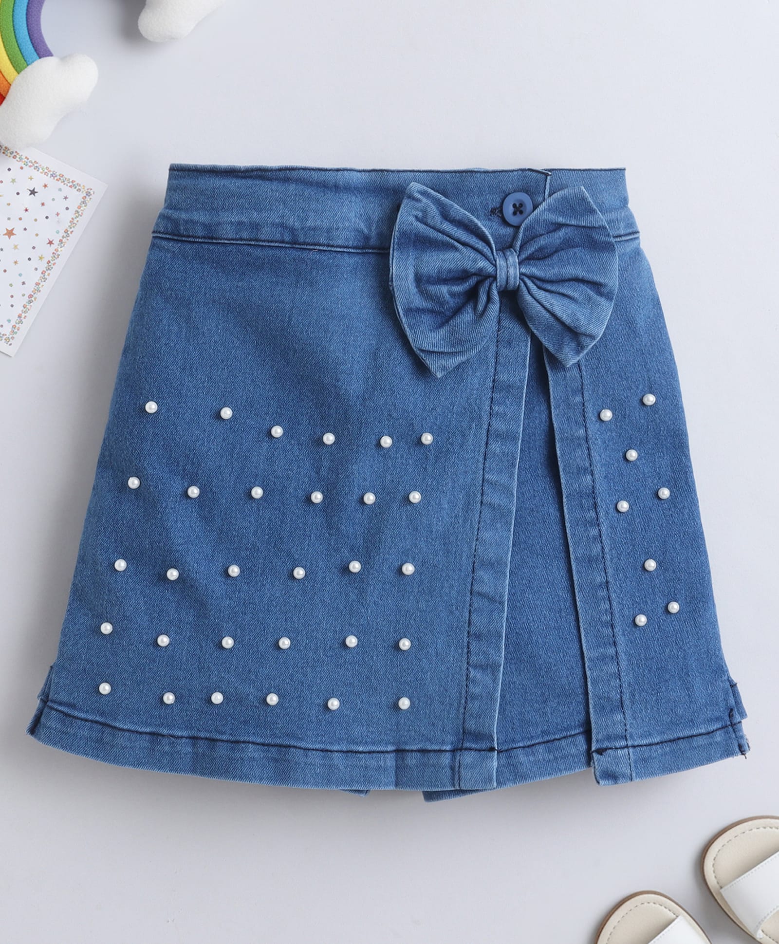 Bright Stars KIDSWEAR Denim Woven Bow Applique Detailed & Pearl Embellished Skort - Blue-picture-21