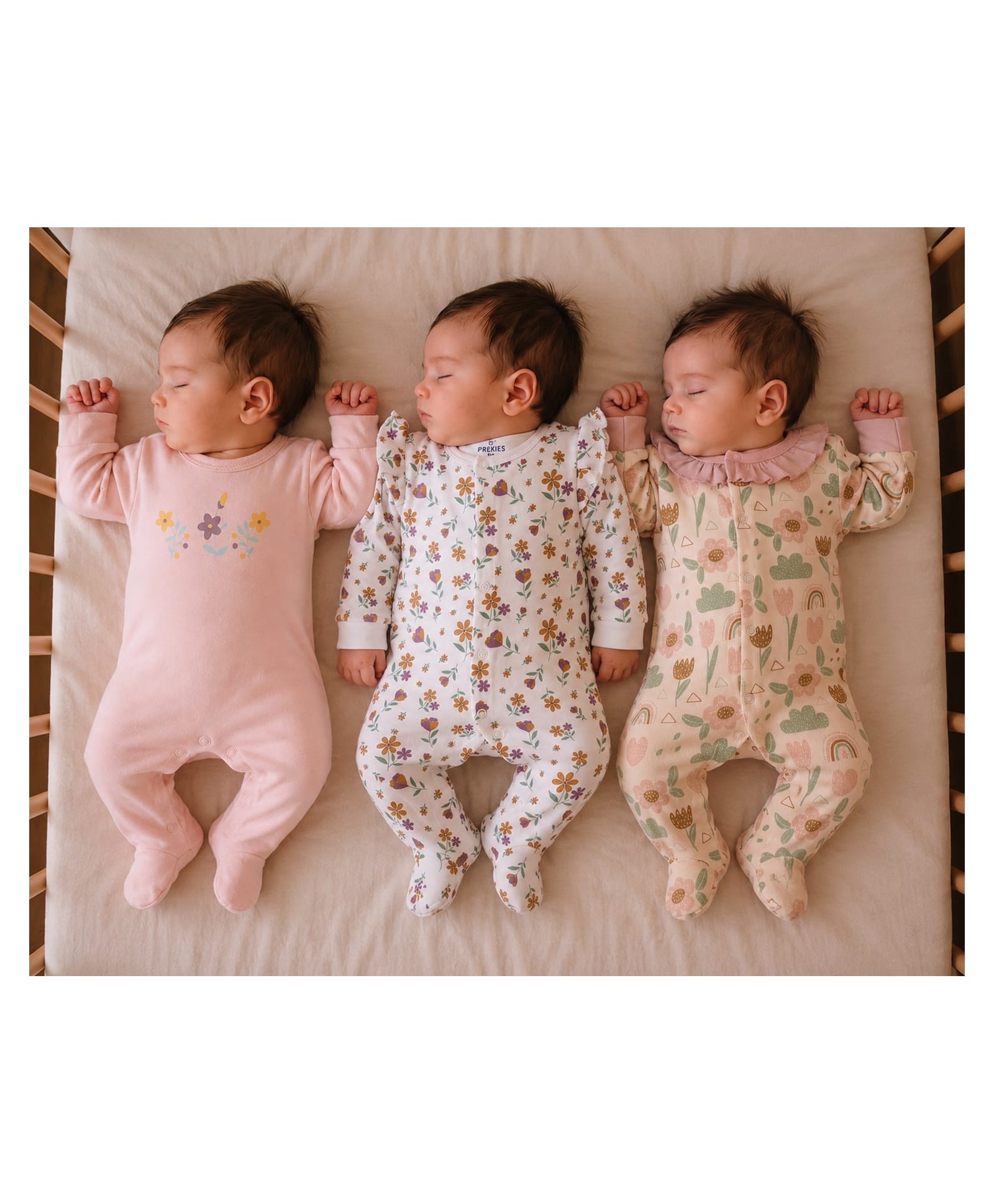 PREKIES Cotton Knit Pack Of 3 Full Sleeves Floral & Rainbows Printed Footed Sleepsuit - Multi Colour-image-20