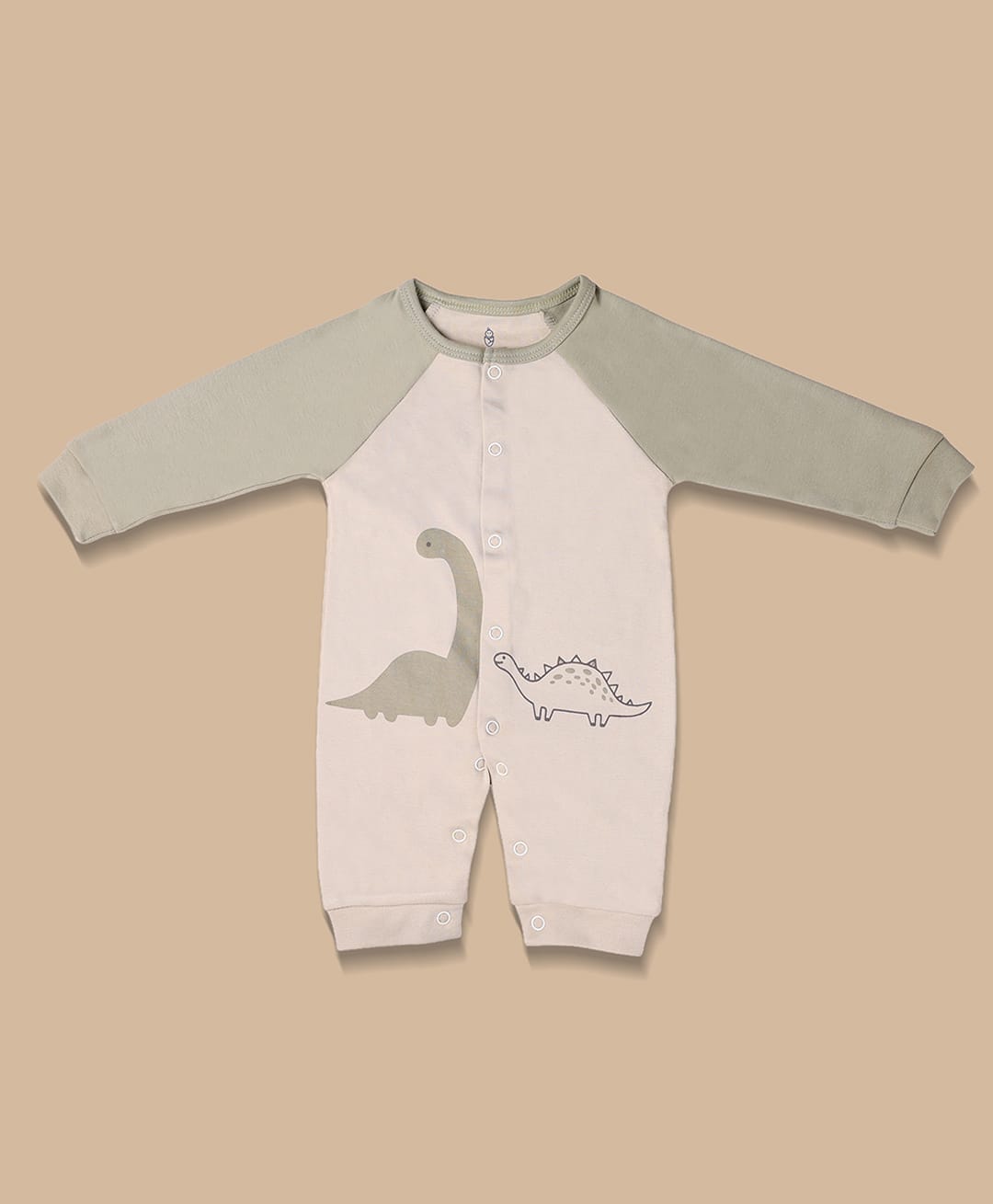 PREKIES Cotton Knit Full Sleeves Dinosaur Printed Romper - Olive Green & Beige-image-41