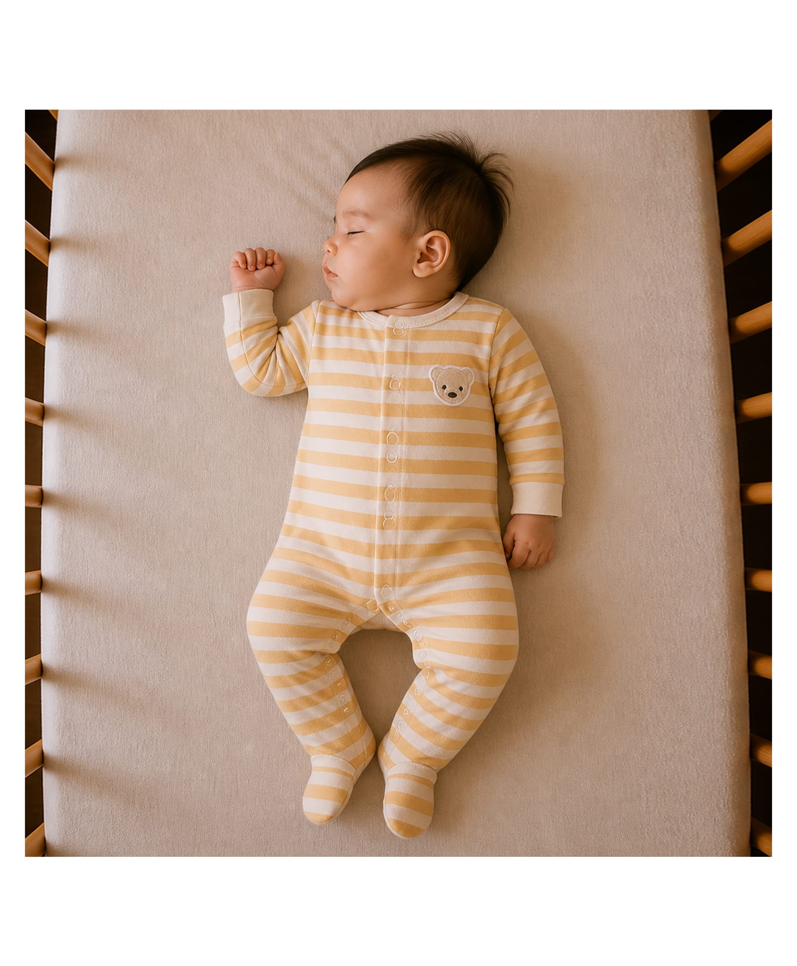PREKIES Cotton Knit Full Sleeves Striped & Bear Embroidered Footed Sleepsuit - Beige & Brown-picture-13