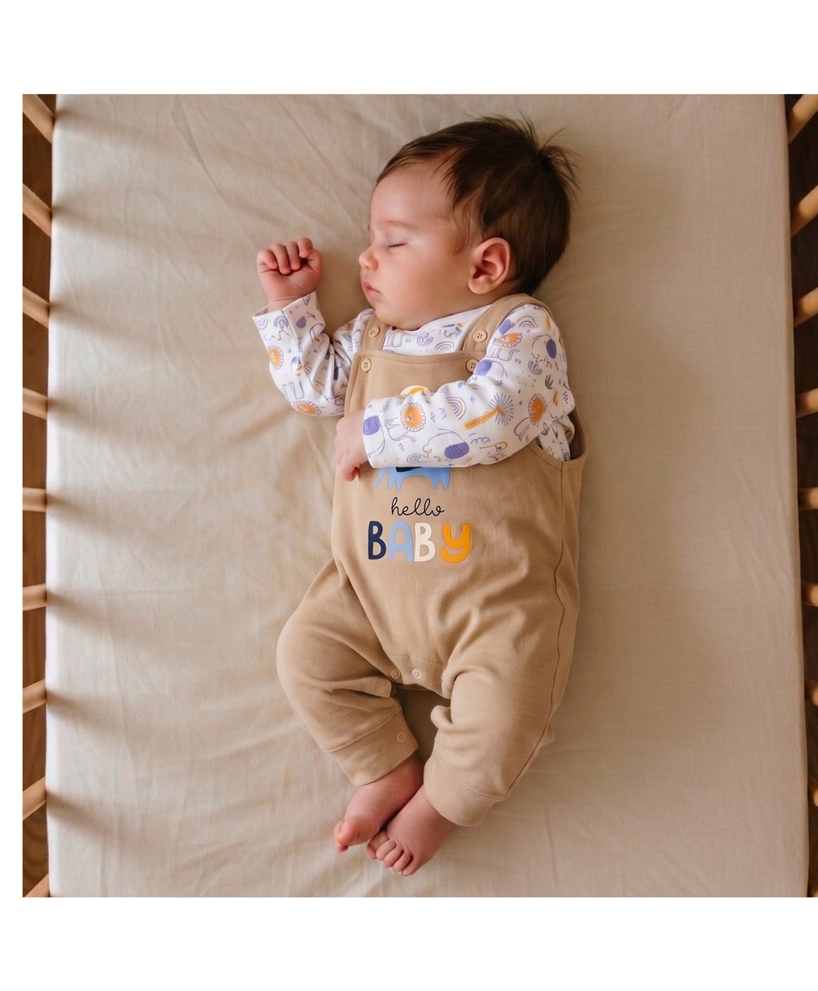 PREKIES Cotton Knit Hello Baby Text Printed Dungaree With Full Sleeves Tee - Multi Colour-image-10