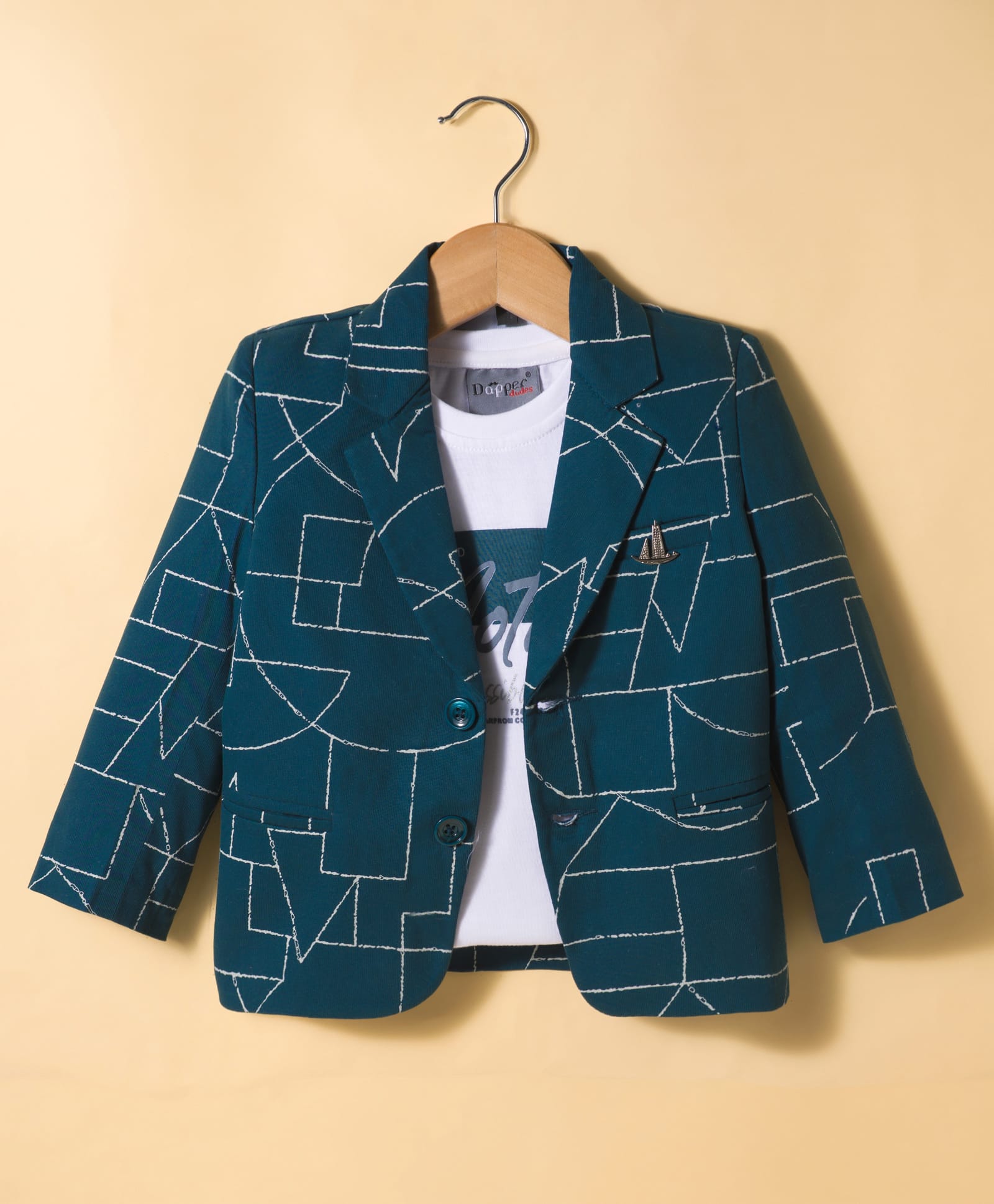 Dapper Dudes Woven Full Sleeves Printed Blazer With Typographic Tee - Green-picture-22