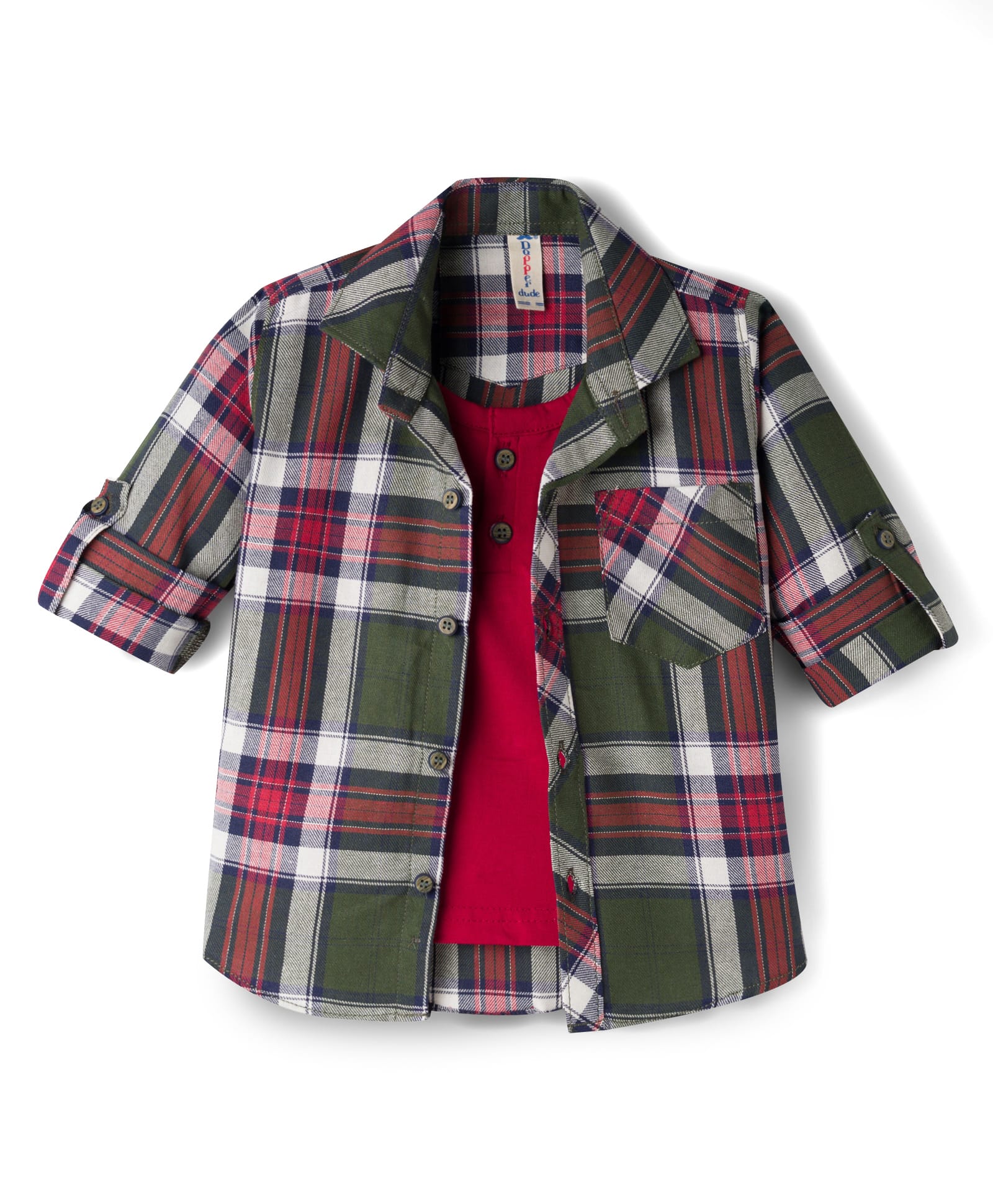 Dapper Dudes Cotton Woven Full Sleeves Checked Shirt With Attached Tee - Green & Red-image-17