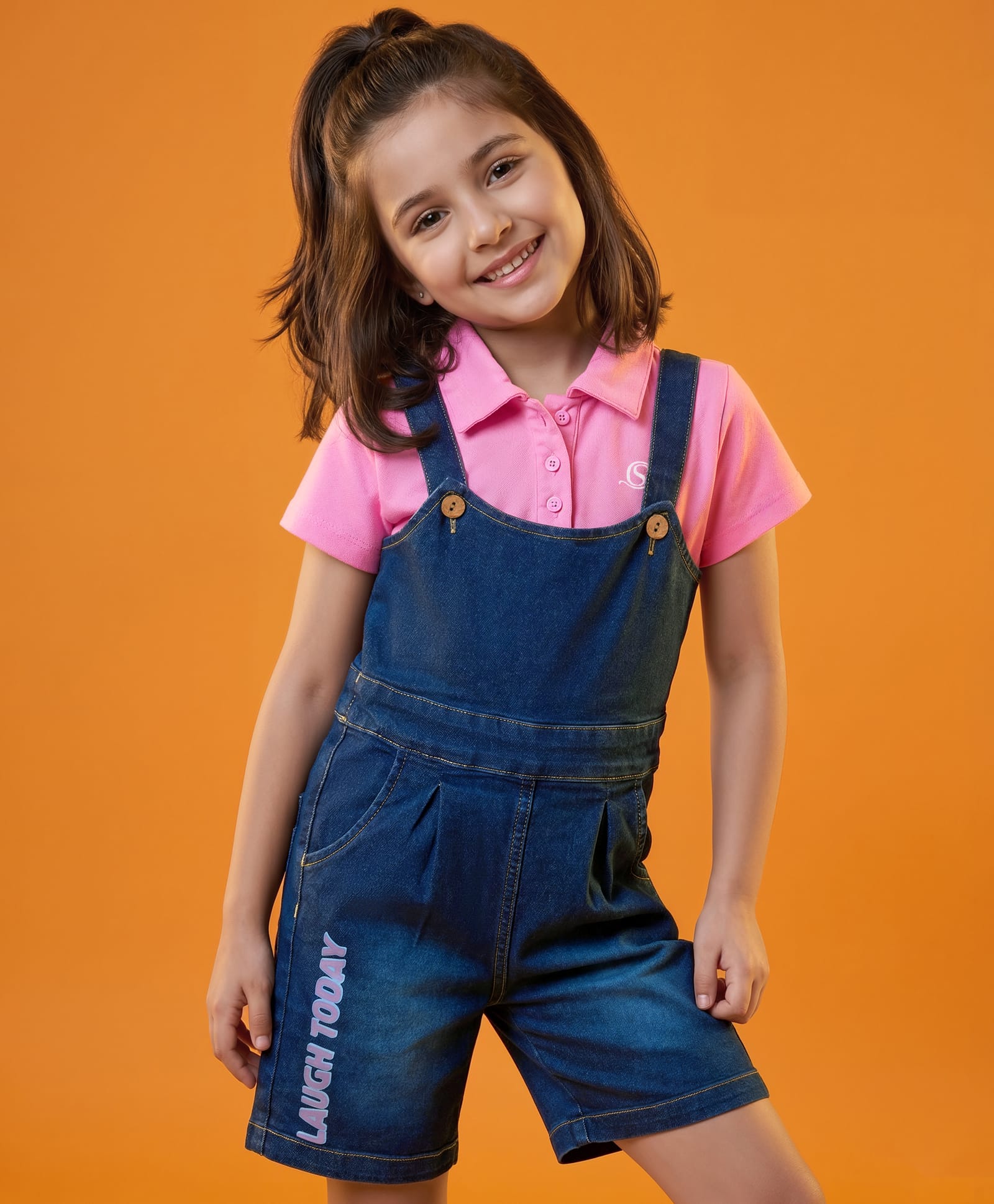 OLLINGTON ST. Cotton Denim Sleeveless Dungaree With Half Sleeves Inner Tee - Pink & Blue-image-3