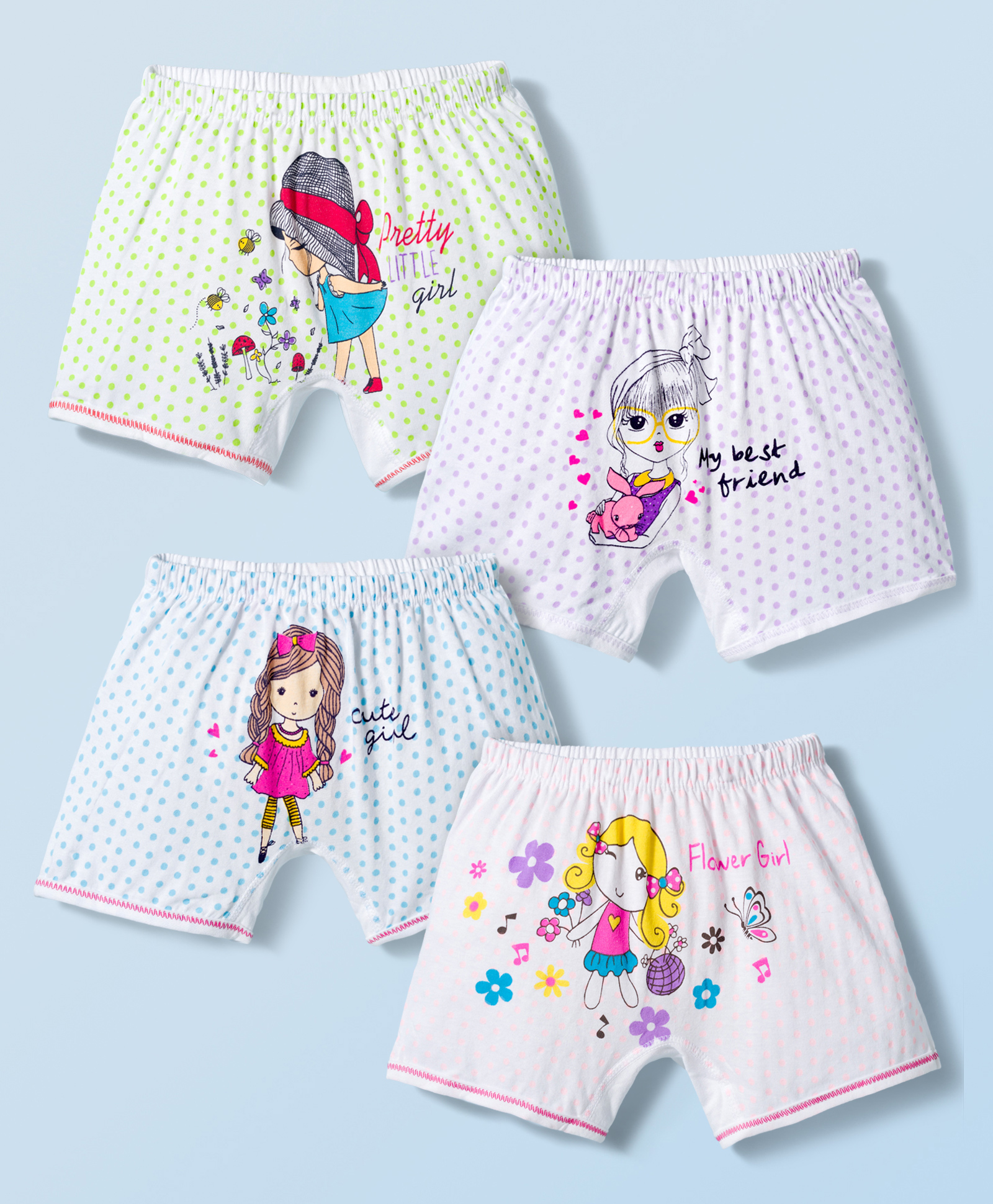 Bodycare Cotton Knit Mid Thigh Shorts With Polka Dots Floral & Girls Print Pack Of 4 - White-picture-12