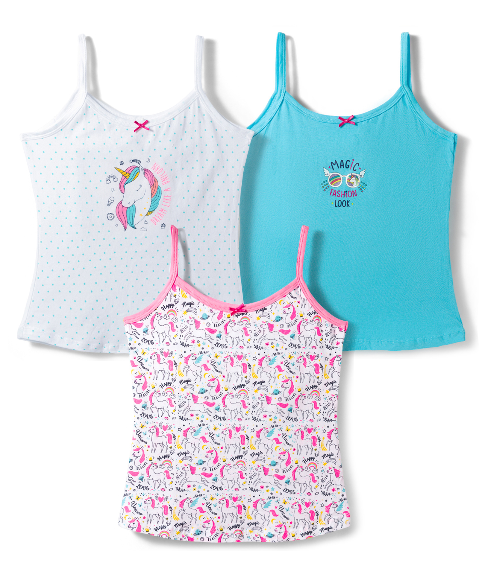 Bodycare Cotton Knit Sleeveless Slips With Unicorn Print Pack of 3 - Pink Blue & White-image-24