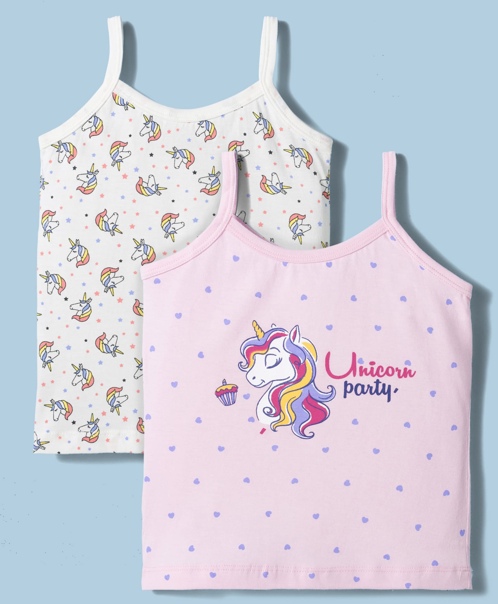 Bodycare Cotton Knit Sleeveless Unicorn Printed Slips Pack of 2 - Off White & Baby Pink-image-40