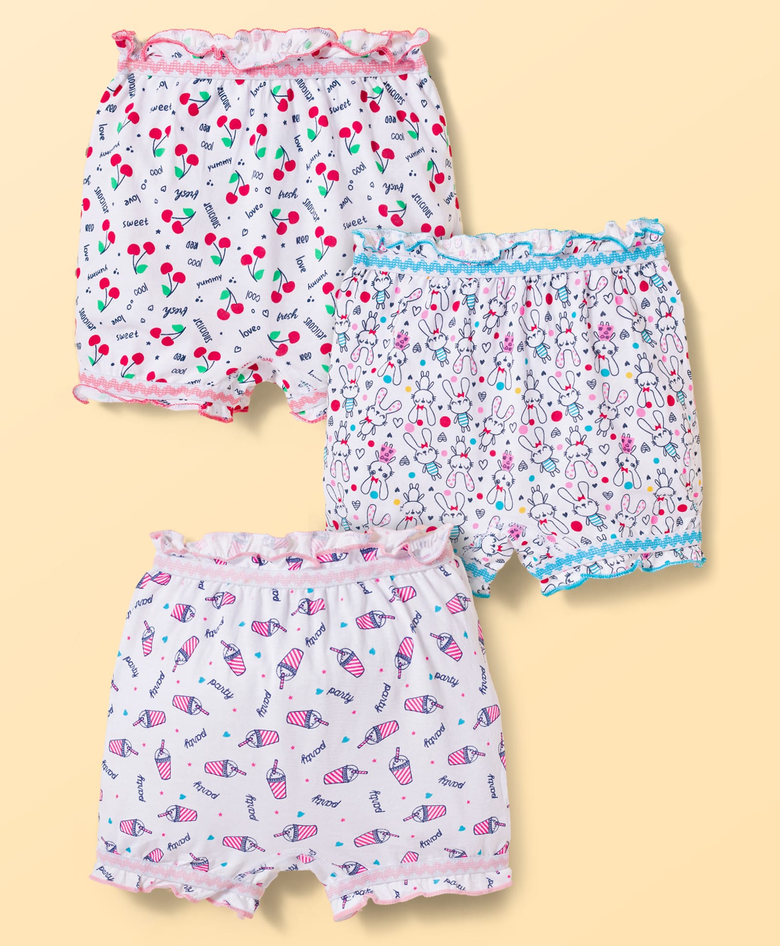 Bodycare Cotton Knit Bloomers With Cherry & Teddy Print Pack of 3 - White-image-35