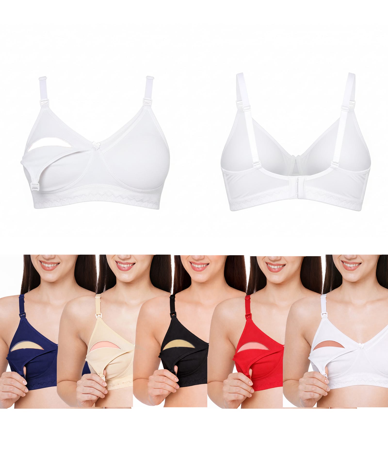 VParents Cotton Pack Of 5 Solid Non Padded Maternity Bras - White Blue Nude Red & Black-image-22
