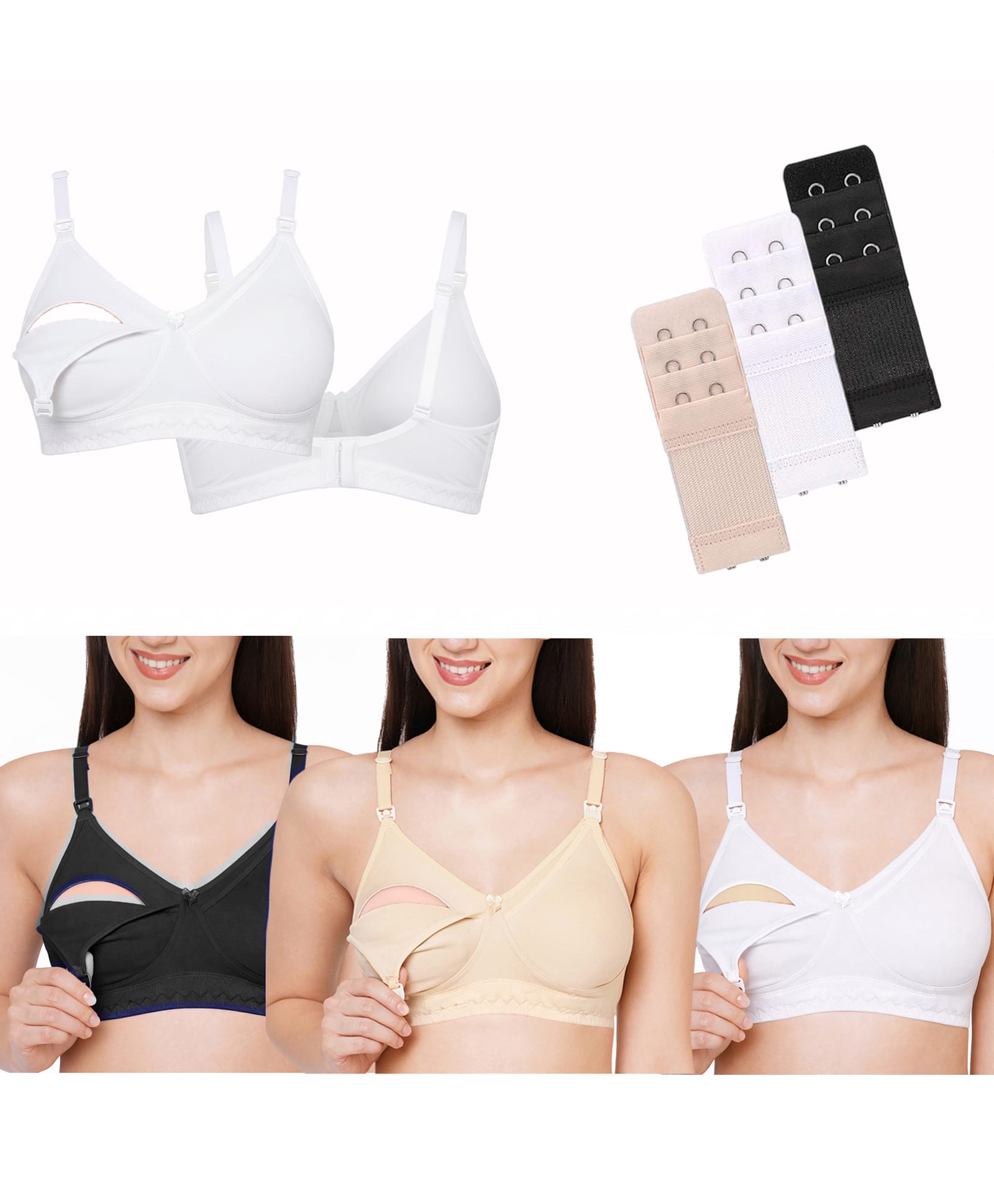 VParents Cotton Pack Of 3 Solid Non Padded Maternity Bras With Bra Extensions - White Blue & Nude-image-25
