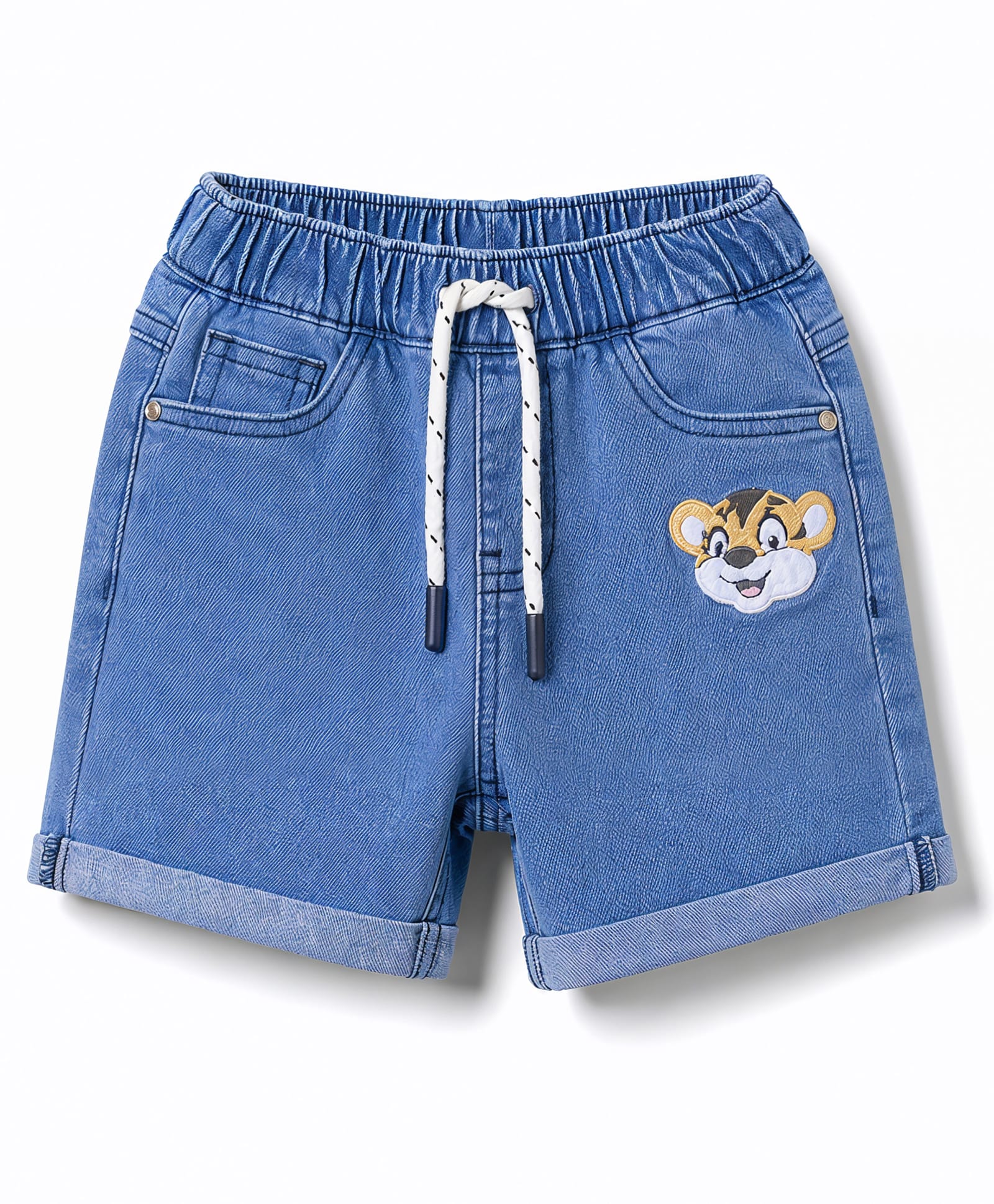 Babyhug Mid Thigh Denim Shorts with Tiger Print & Stretch - Blue-image-44