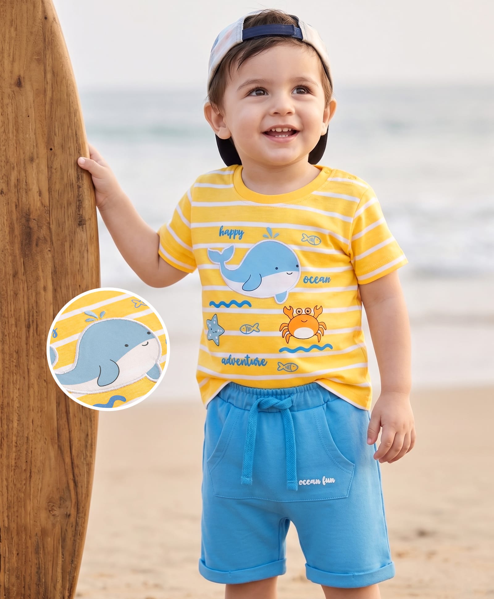 Babyhug Single Jersey Knit Half Sleeves Striped T-Shirt & Shorts Set with Sea Life Print & Patch - Blue & Yellow-image-35