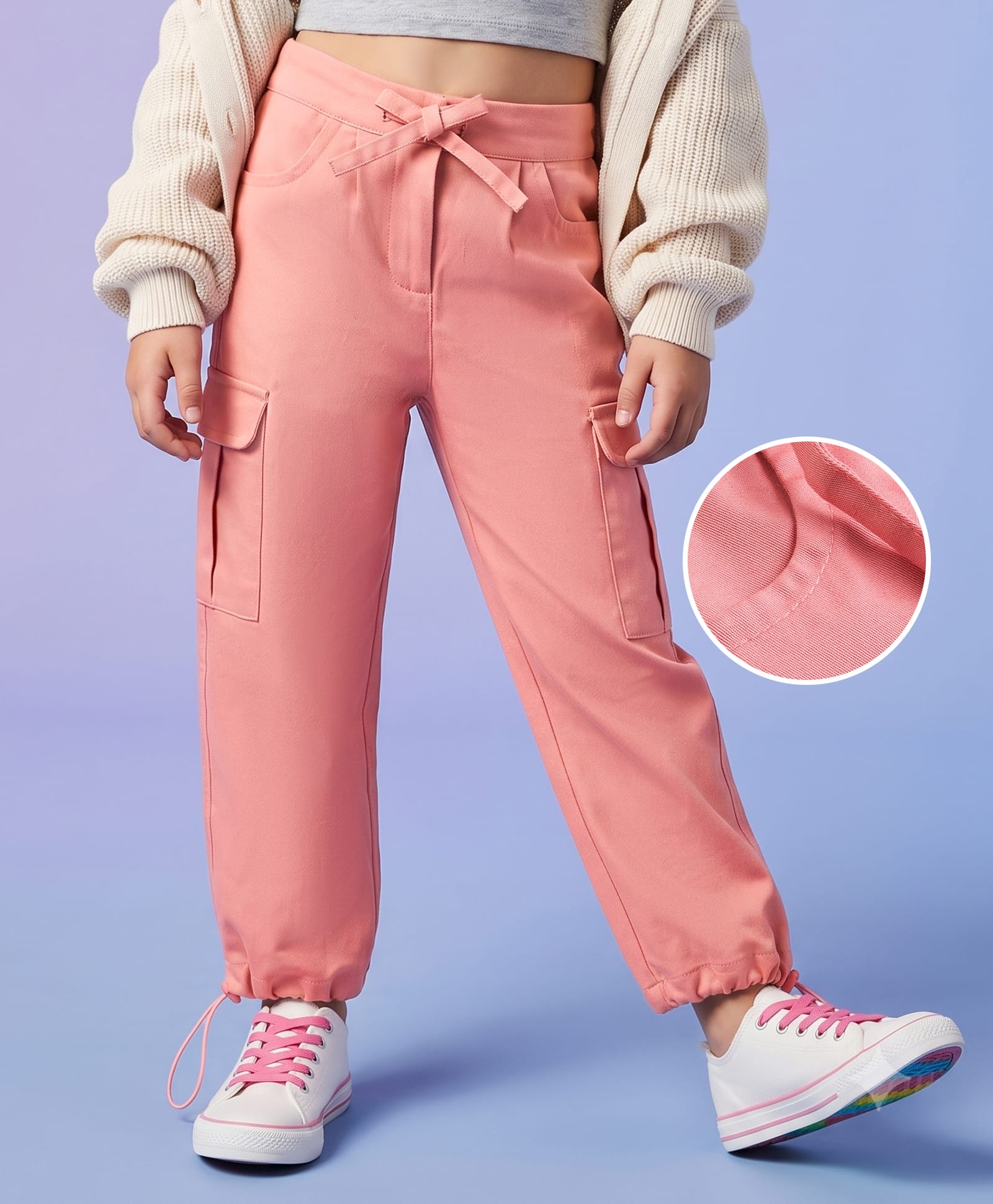 kookie kids india Kookie Kids Twill Woven Full Length Solid Lounge Pant With Cargo Pockets - Pink-picture-13
