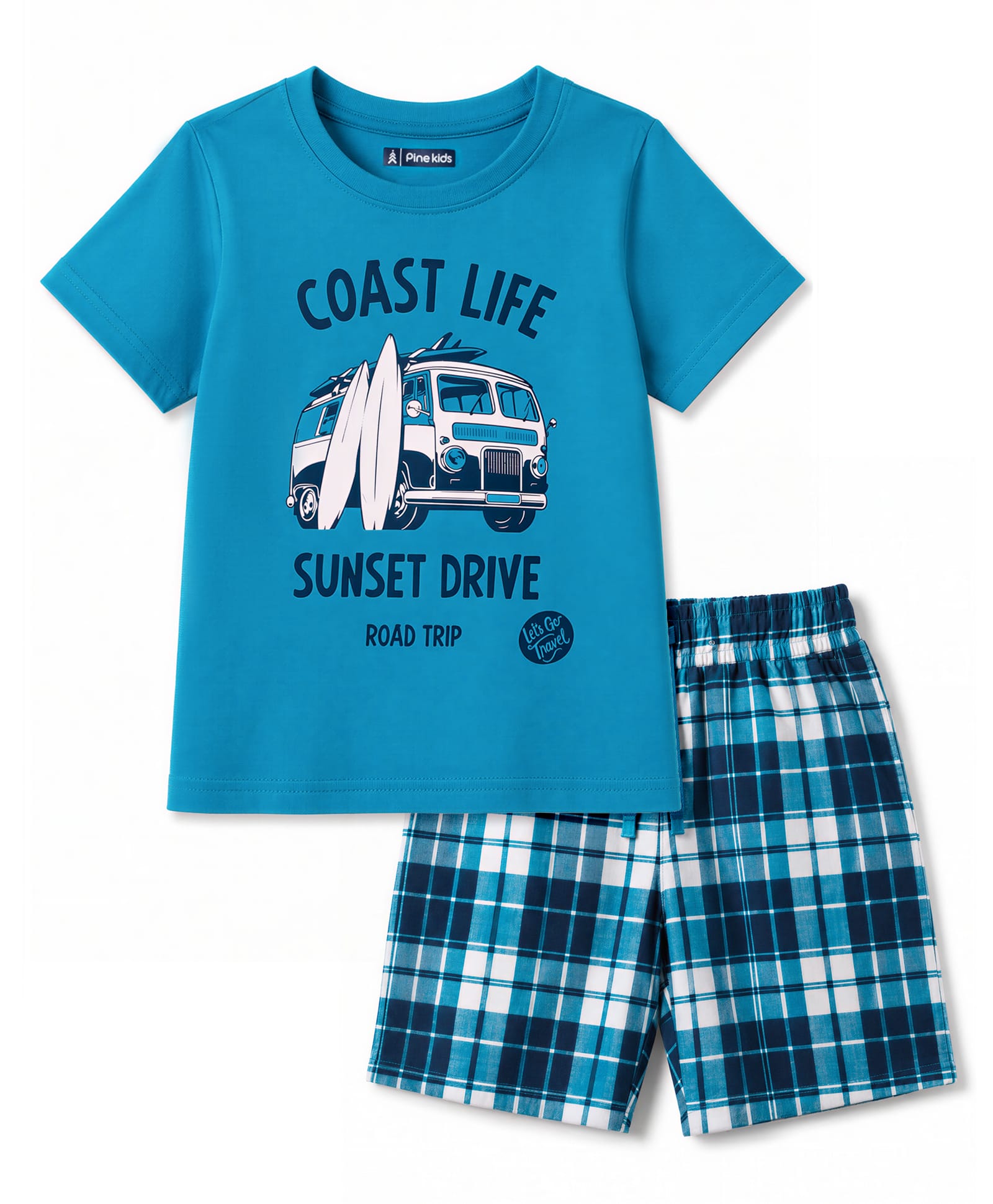 Pine Kids Cotton Knit Half Sleeves Beach Theme Printed & Checked T-Shirt & Shorts Night Suit - Blue-image-47