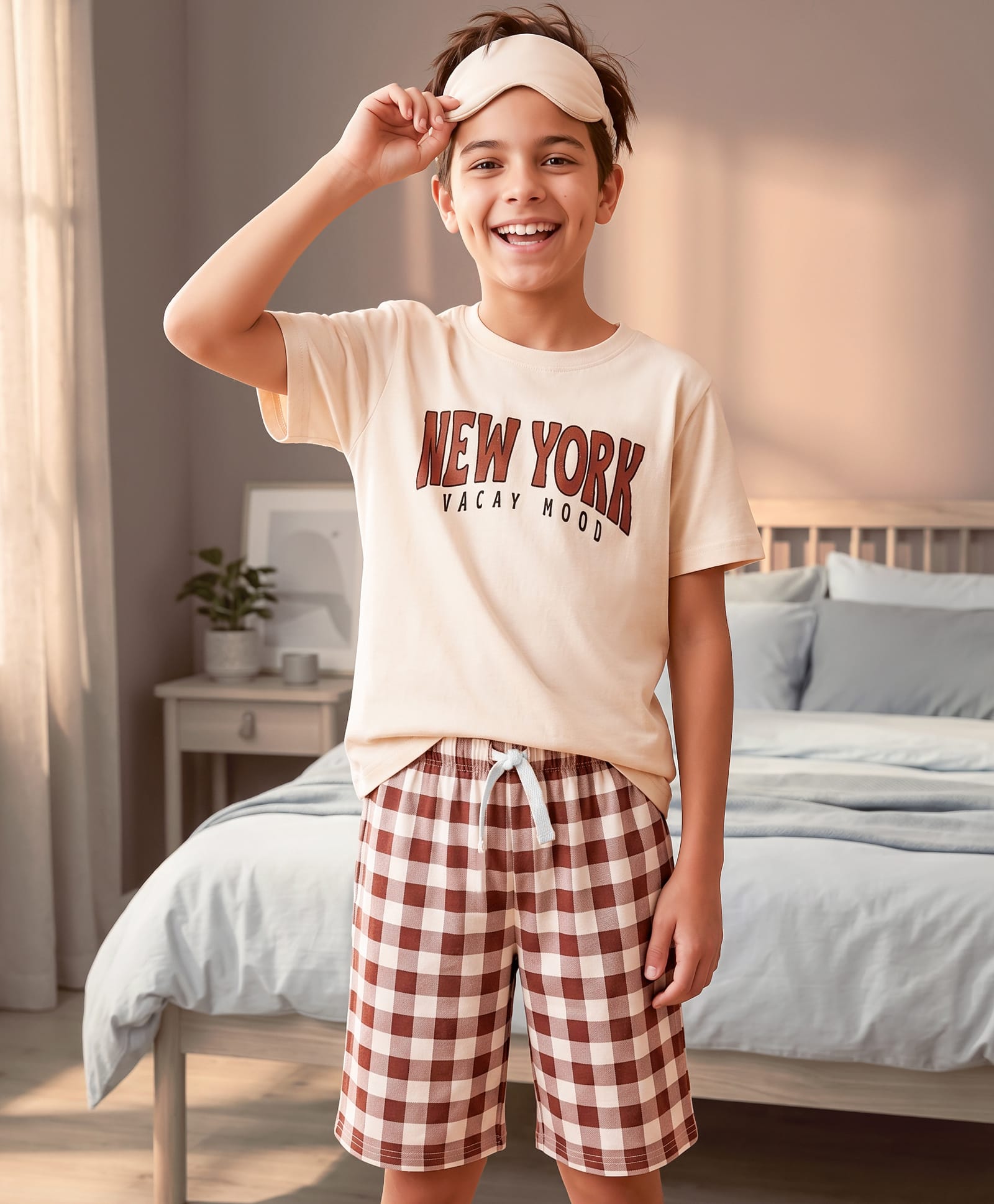 Pine Kids 100% Cotton Knit Half Sleeves Text Printed T-Shirt & Shorts Night Suit With Checks - Cream-image-39