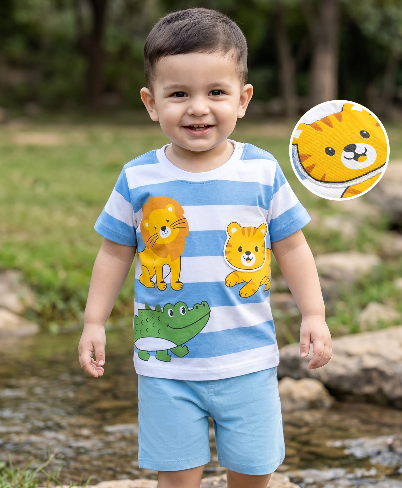 Babyhug Single Jersey Knit Half Sleeves Striped Animal Printed T-Shirt & Shorts Set - Multicolor-picture-38