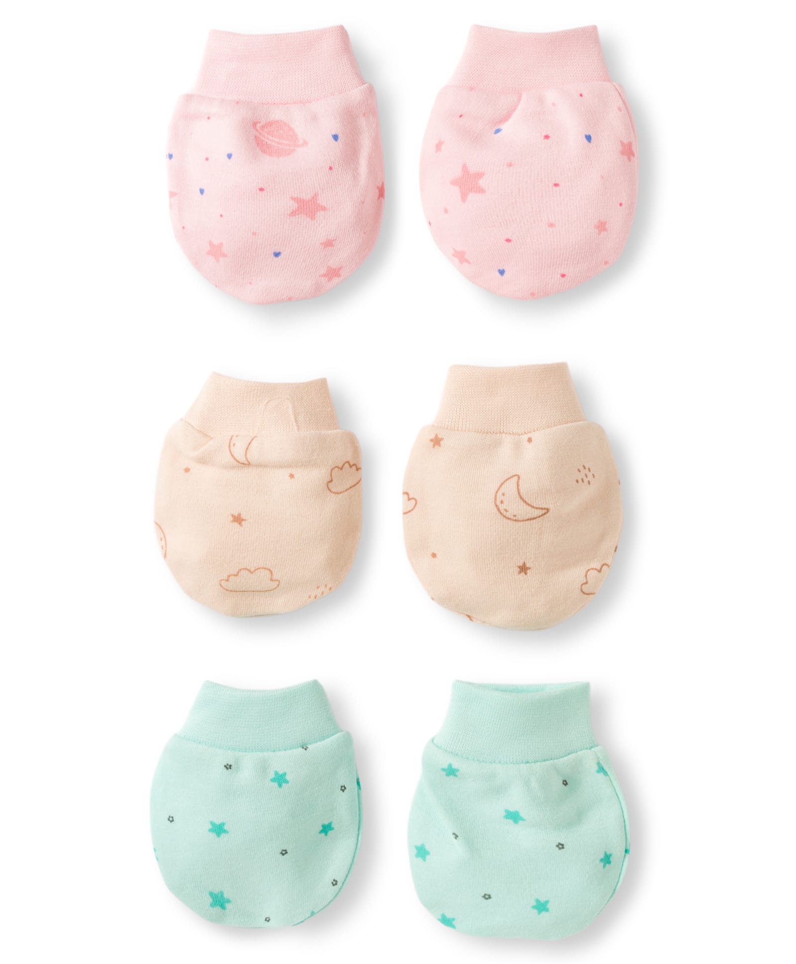 Simply Interlock Knit Mittens With Space Theme Print Pack of 3 - Aqua Brown & Baby Pink-image-29