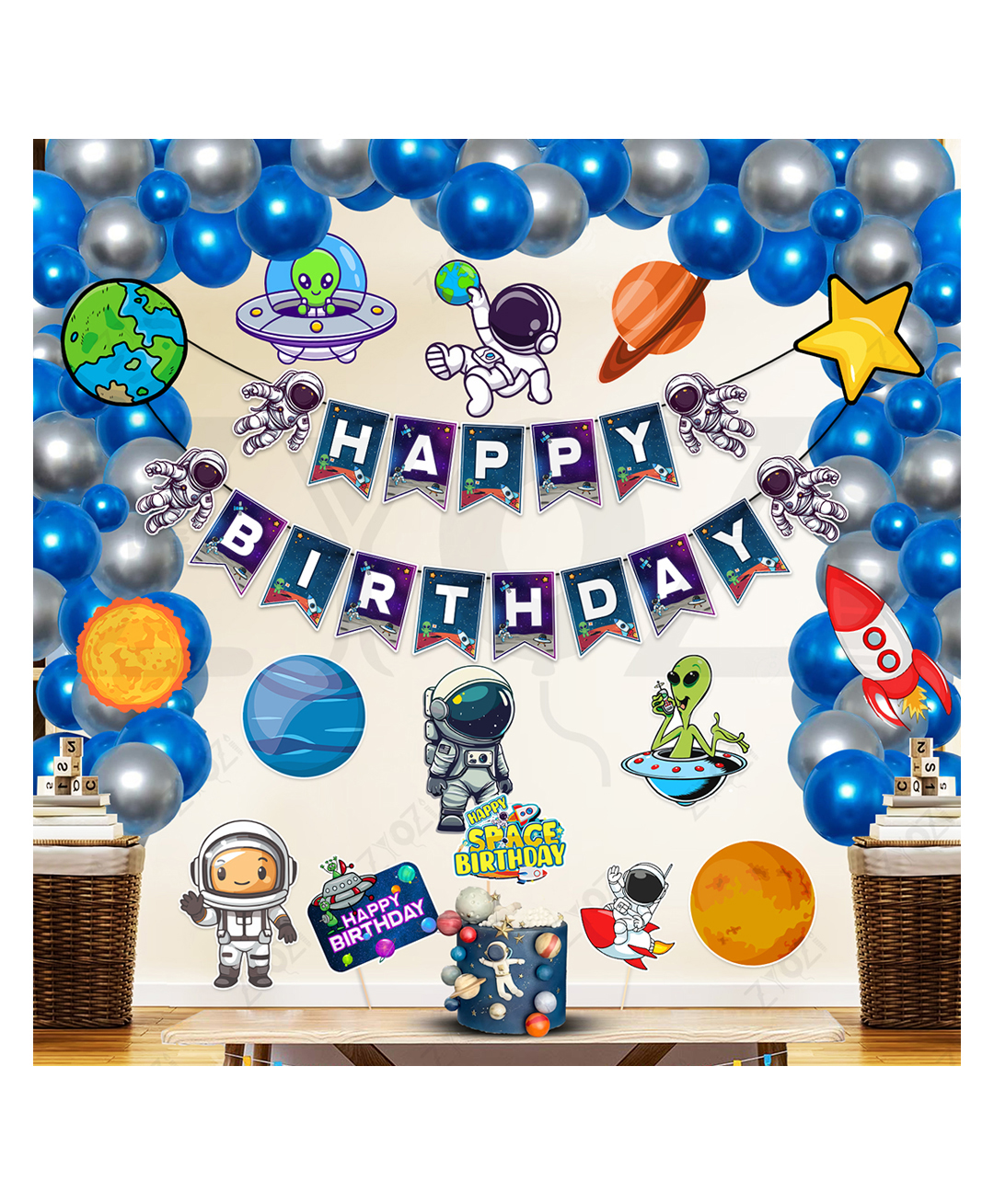 zyozi space theme birthday decorations combo banner,photo booth, cake topper,card stock & balloons - pack of 41