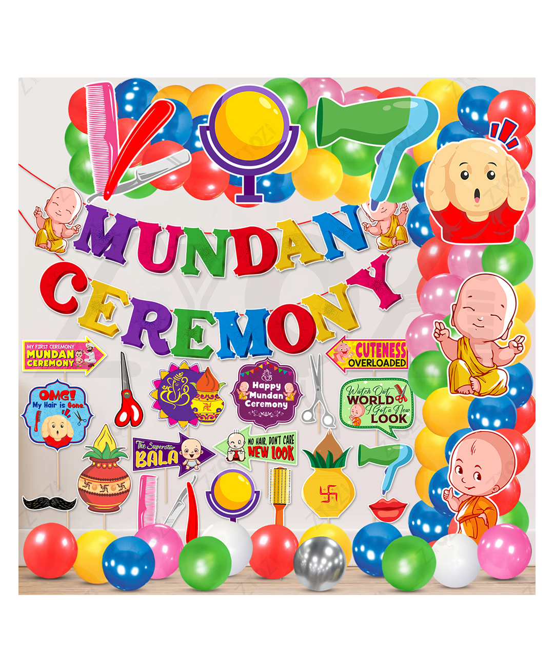 Zyozi Mundan Ceremony Decorations Combo Banner, Balloons, Photo Booth Props & Cardstock - MultiColor (Pack Of 51)-picture-34