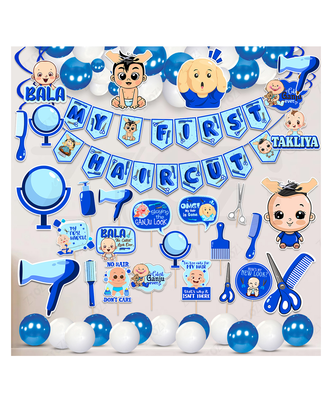 Zyozi My First Hair Cut Decorations Item for Baby Boy Banner, Balloons, PhotoBooth, Swirls & Cardstock- Blue & White (Pack Of 54)-picture-33
