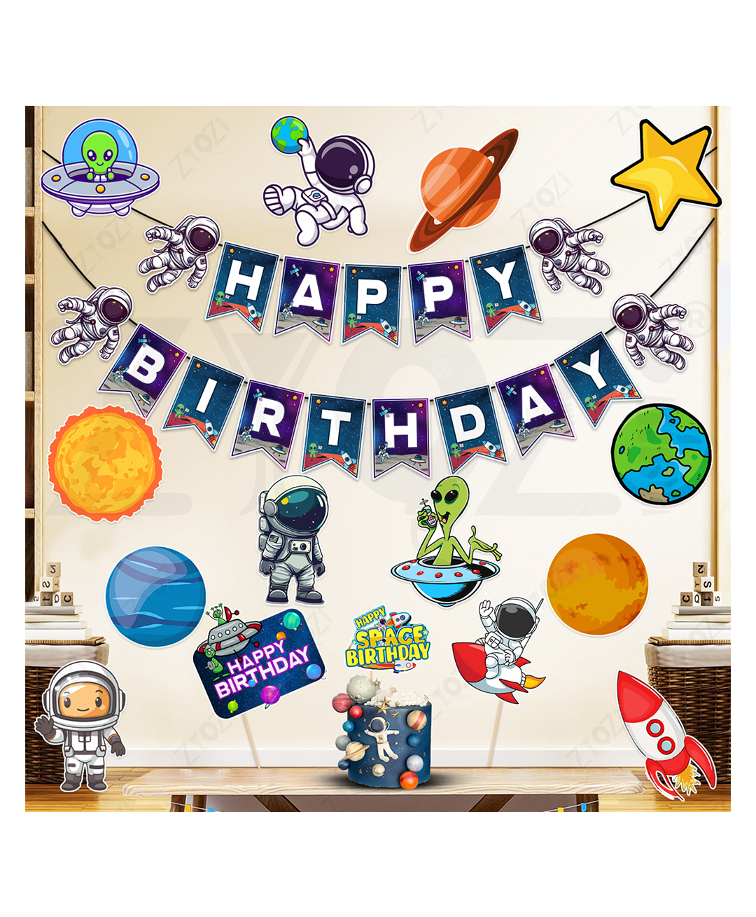 Zyozi Space Theme Birthday Decorations Combo Banner, Photo Booth Props, Cake Topper & Cardstock Cutout - Multi (Pack Of 16)-image-24