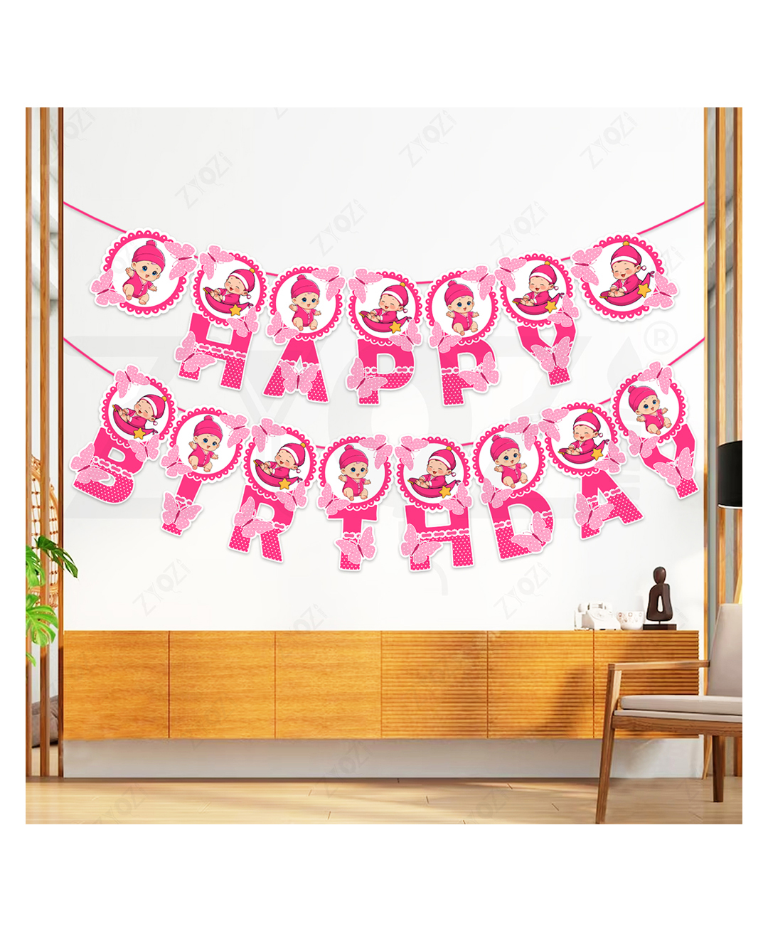 Zyozi Pink Happy Birthday Decorations Banner, Birthday Decorations Items For Baby Girl (Pack Of 1)-picture-1