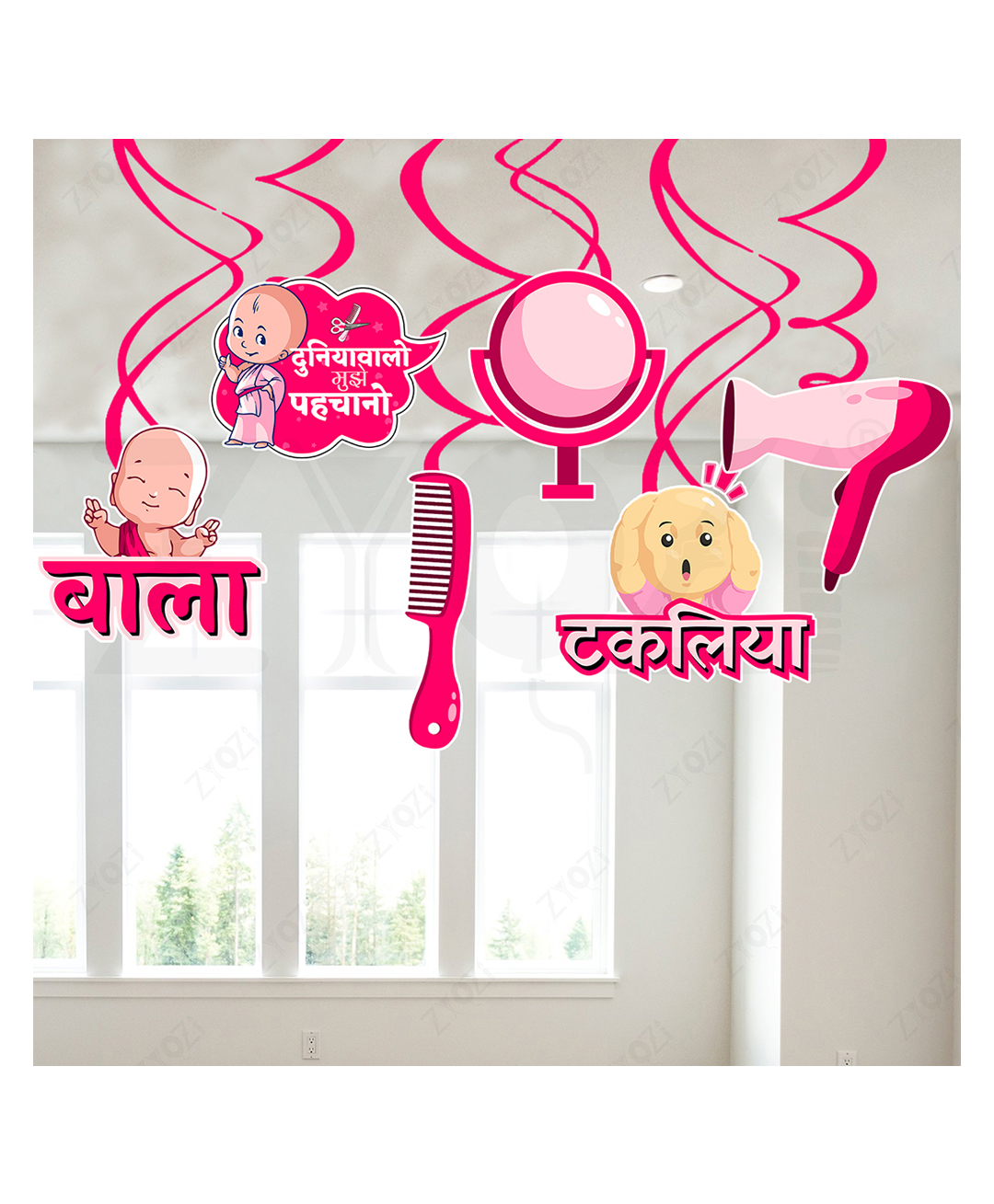 Zyozi Pink Hindi Font Mundan Ceremony Hanging Swirls, Mundan Ceremony Decorations Kit - Pack Of 6-picture-0