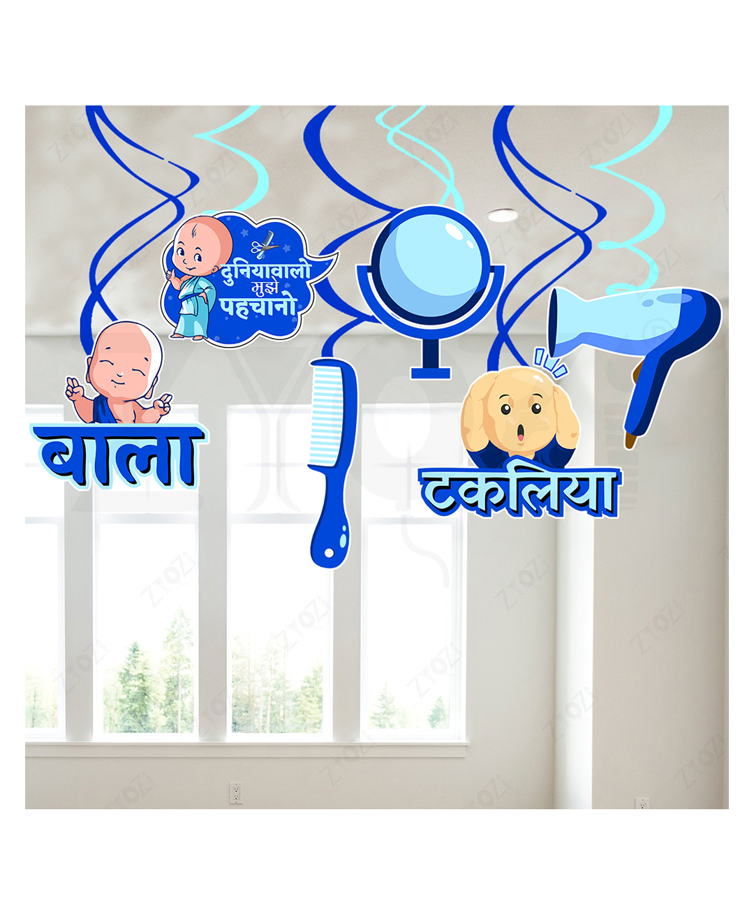 Zyozi Blue Hindi Font Mundan Theme Hanging Swirls, Baby's Hair Cut Decorations Kit-Pack Of 6-picture-39