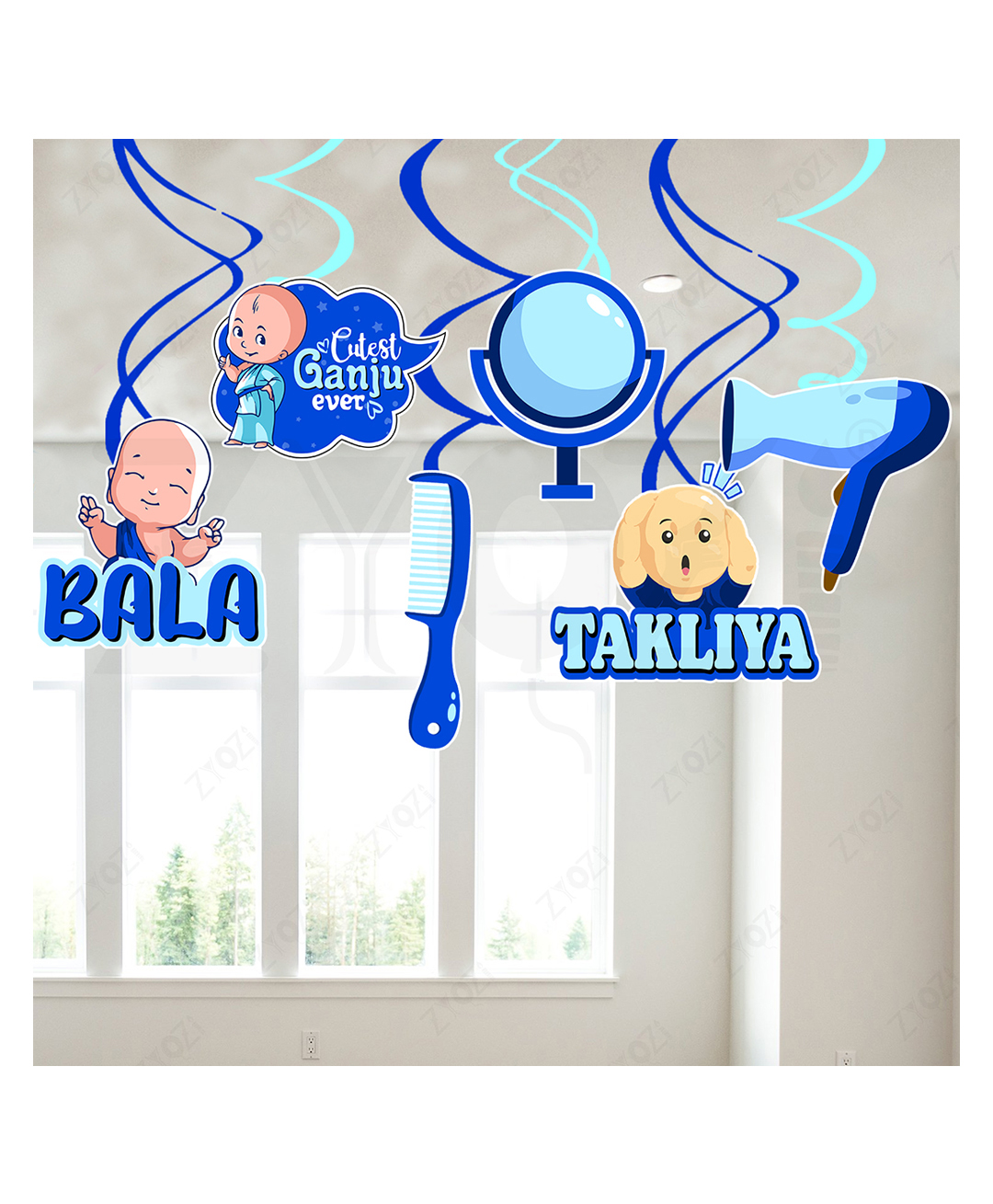 Zyozi Blue Mundan Theme Decorations Hanging Swirls, Baby Hair Cut Decorations Kit (Pack Of 6)-picture-44