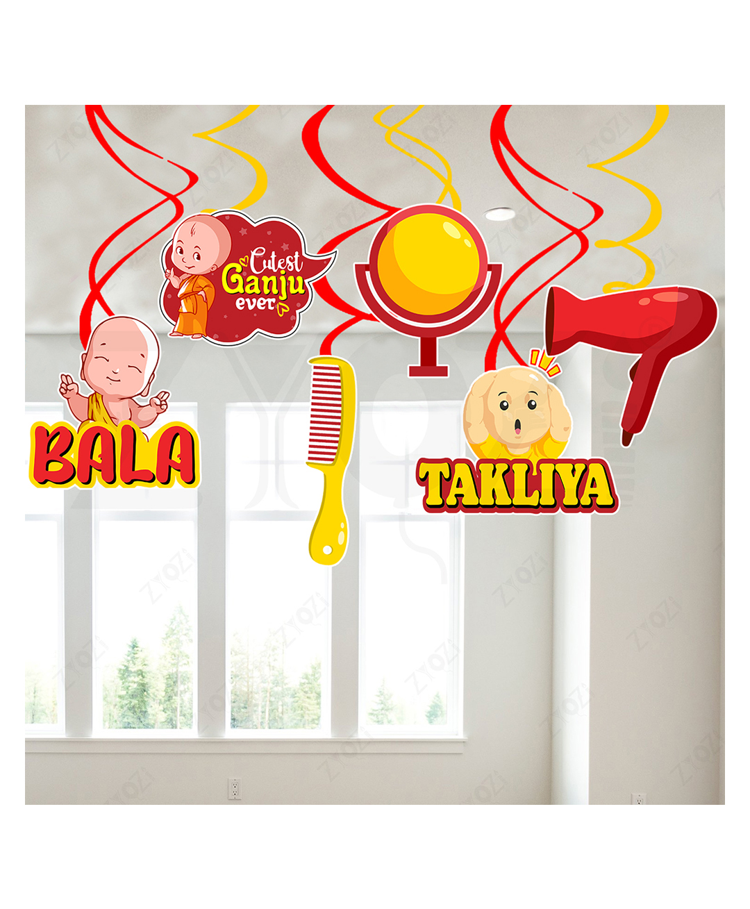 Zyozi Red Yellow Mundan Theme Hanging Swirls, Baby First Hair Cut Decorations Kit (Pack Of 6)-picture-45
